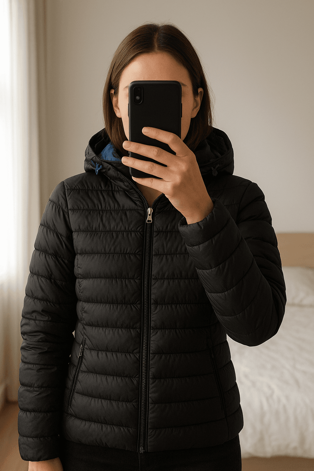 Invicta piumino giubbotto nero xl in piedi, rivolto verso la fotocamera, in una camera da letto con luce soffusa e luce naturale che filtra dalla finestra.