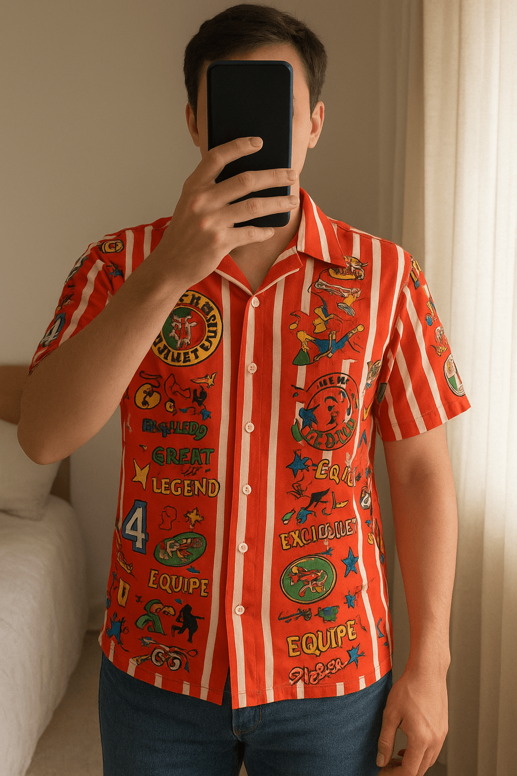 Camicia vintage Jean-Charles de Castelbajac – Made in Italy – anni ’80/’90 – Oversize Pop Art in piedi, rivolto verso la fotocamera, in una camera da letto con luce soffusa e luce naturale che filtra dalla finestra.