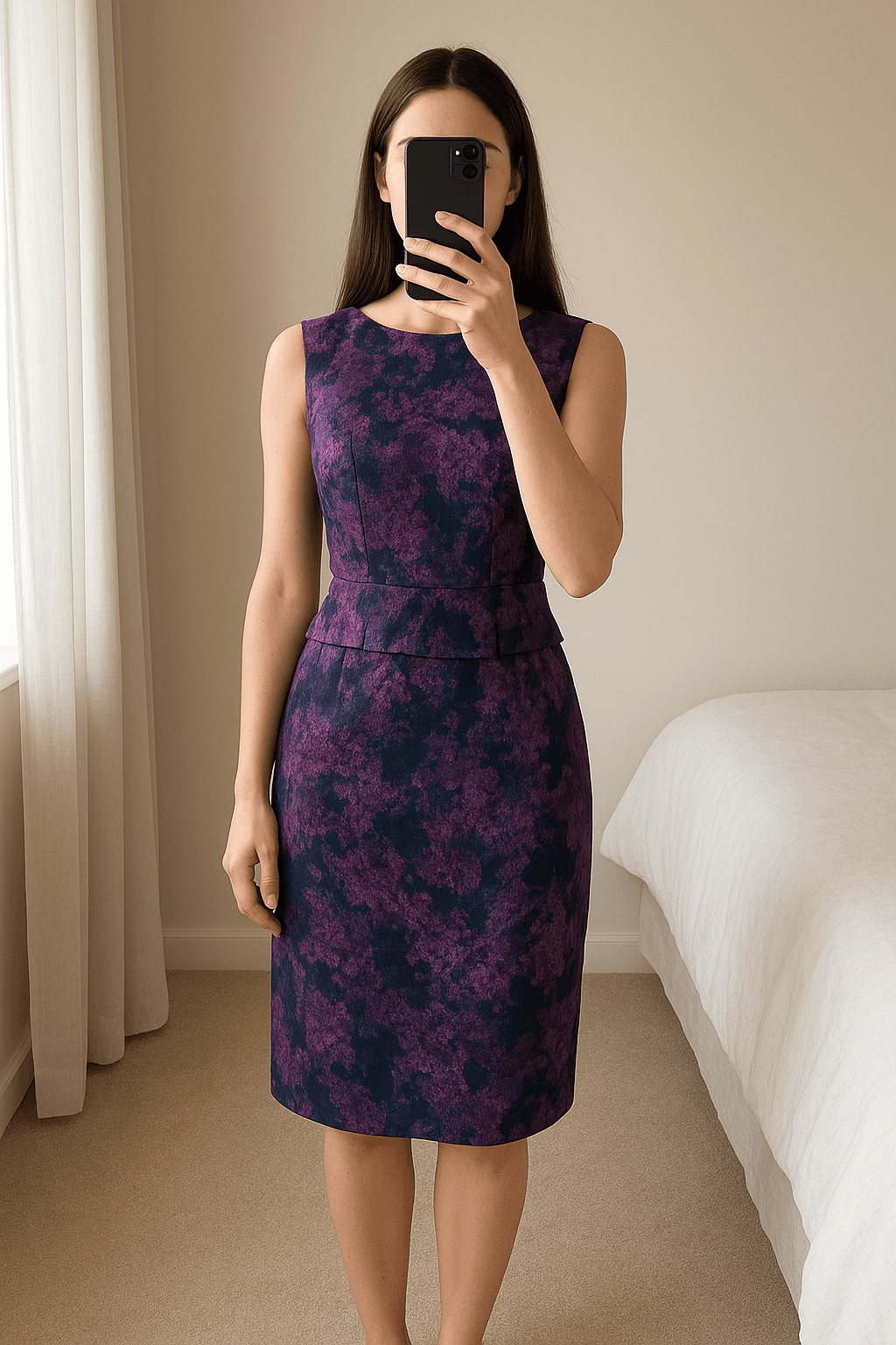 Long Tall Sally Purple Abstract Shimmer Peplum Occasion Xmas Party Dress - Size 10 standing straight facing the camera, in a softly lit bedroom setting, with gentle natural light filtering through a window.