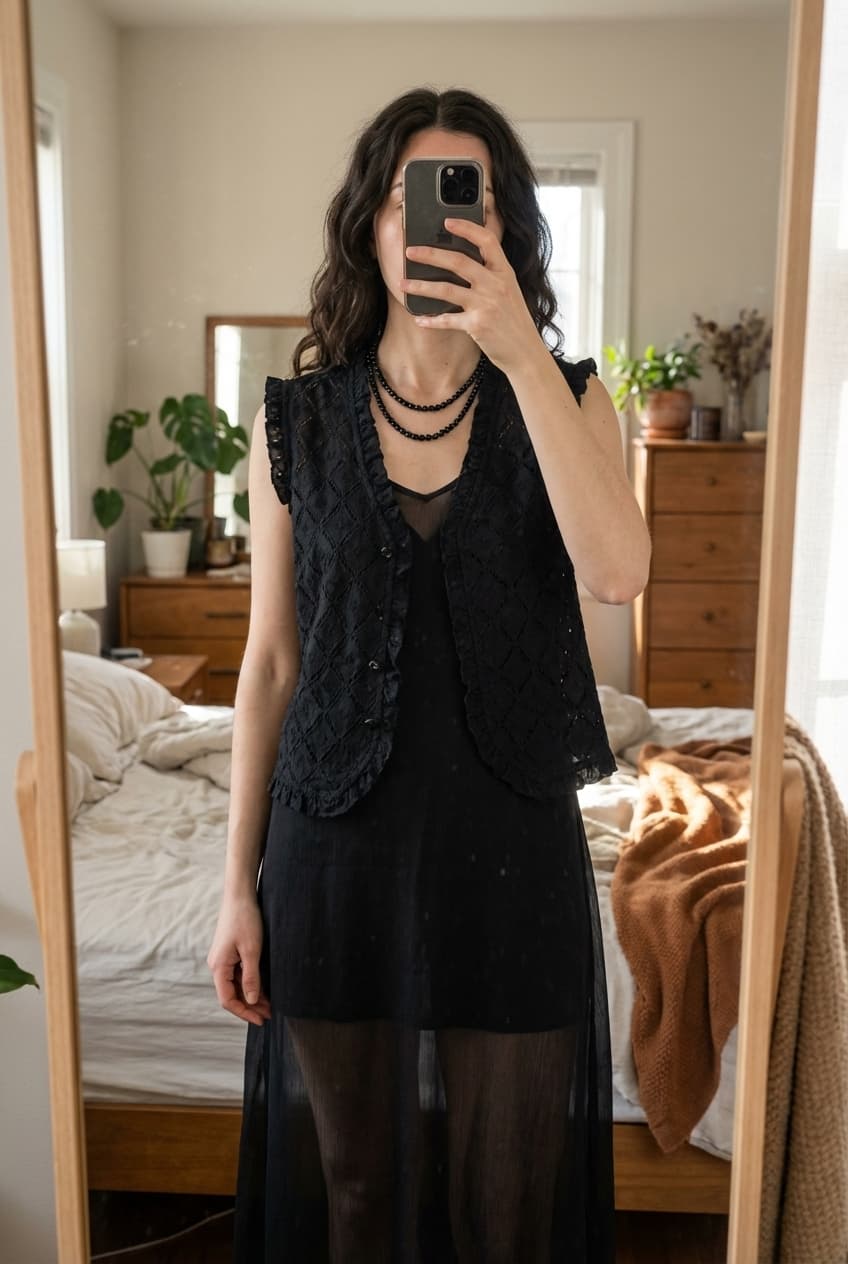 Sublime robe d'été debout, face à la caméra, dans une chambre à la lumière douce, avec une lumière naturelle filtrant par la fenêtre.