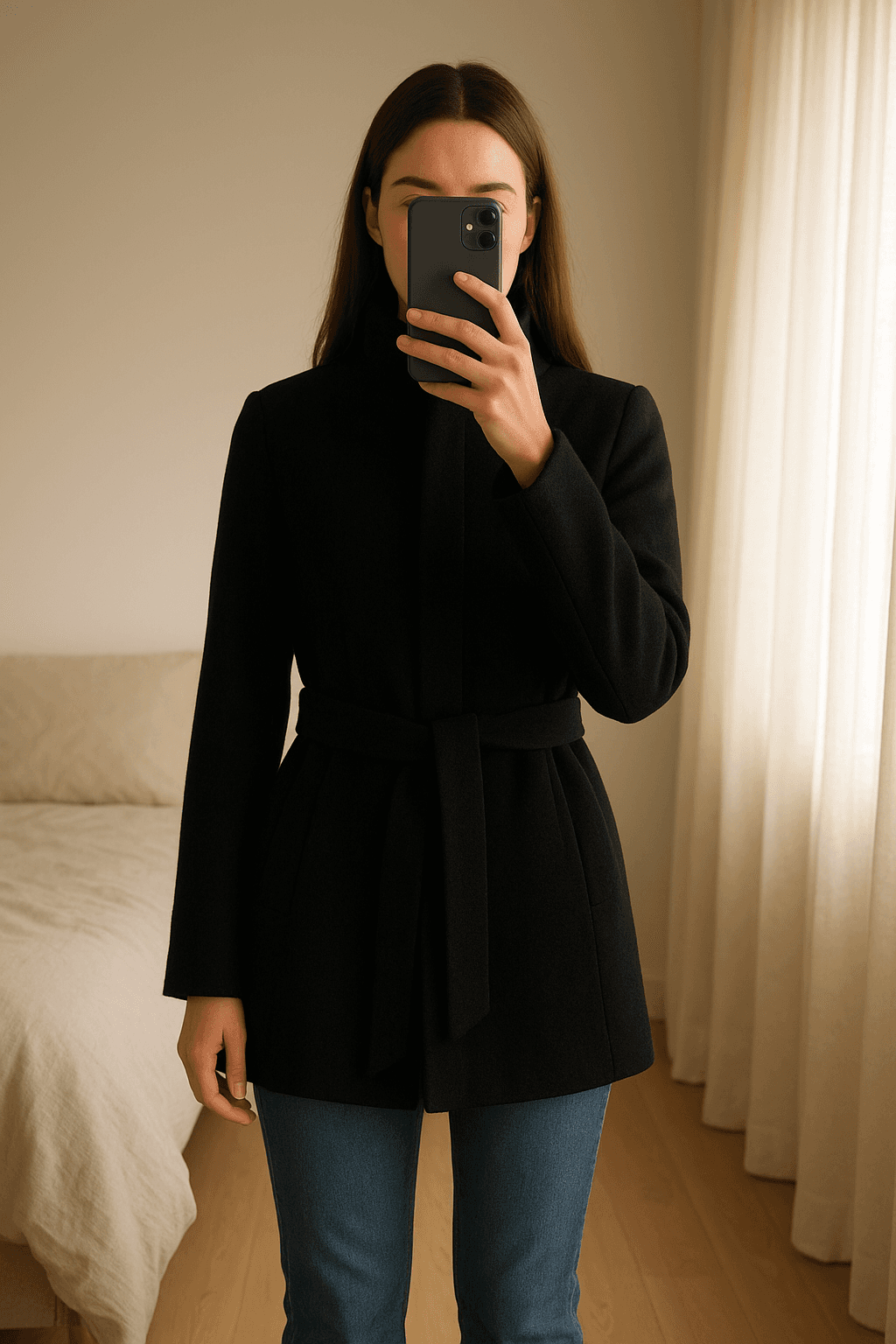 Salsa Jeans Mantel Gr. S Schwarz Black Wolle aufrecht stehend, der Kamera zugewandt, in einem sanft beleuchteten Schlafzimmer, mit natürlichem Licht, das durch ein Fenster fällt.