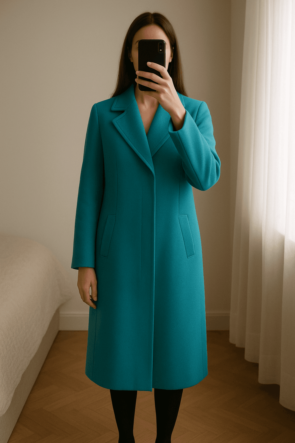 Cappotto made in Italy 80% lana vergine turchese in piedi, rivolto verso la fotocamera, in una camera da letto con luce soffusa e luce naturale che filtra dalla finestra.