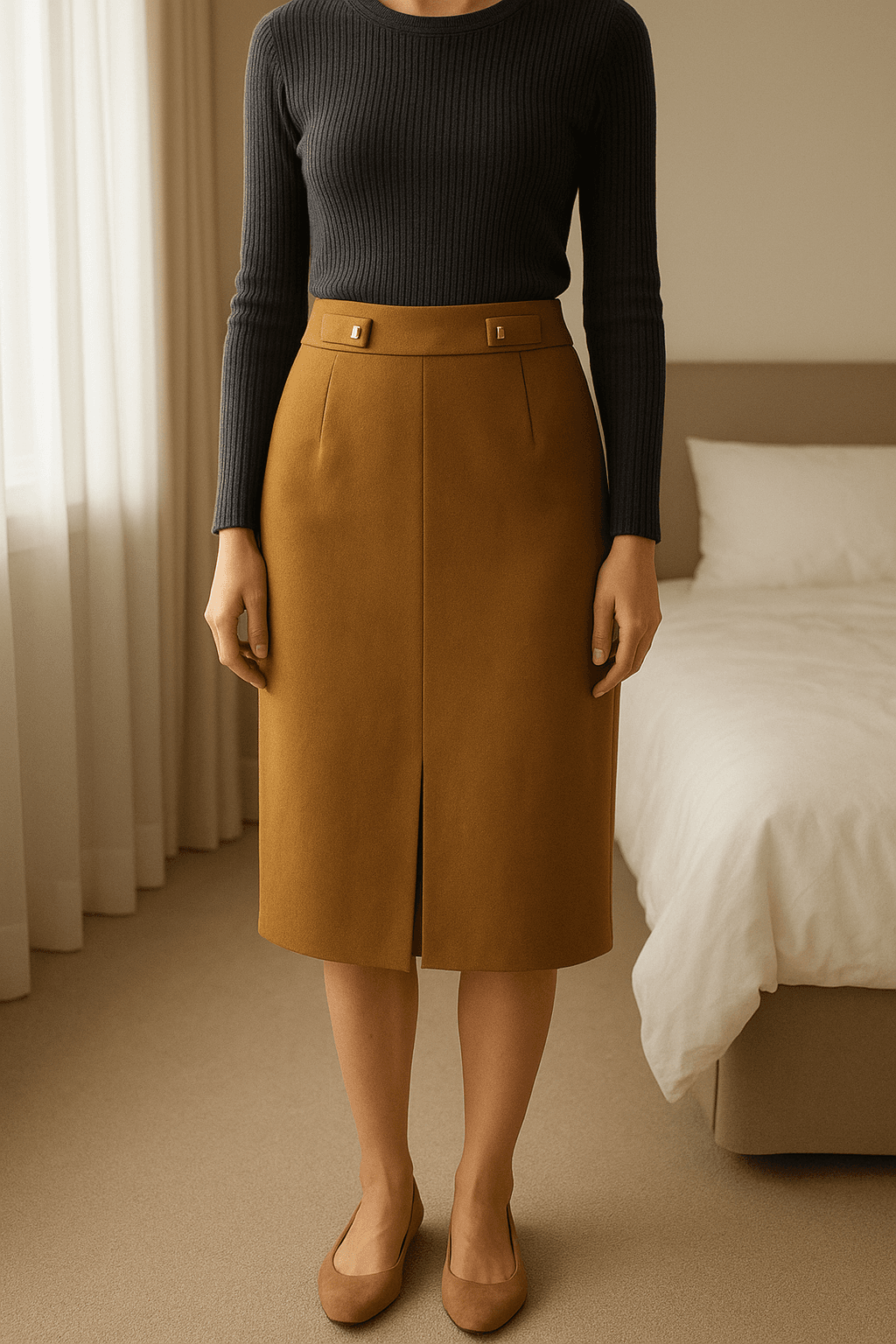 Paule Ka Rock aus Wolle in Camel mit Etikett in 38 aufrecht stehend, der Kamera zugewandt, in einem sanft beleuchteten Schlafzimmer, mit natürlichem Licht, das durch ein Fenster fällt.