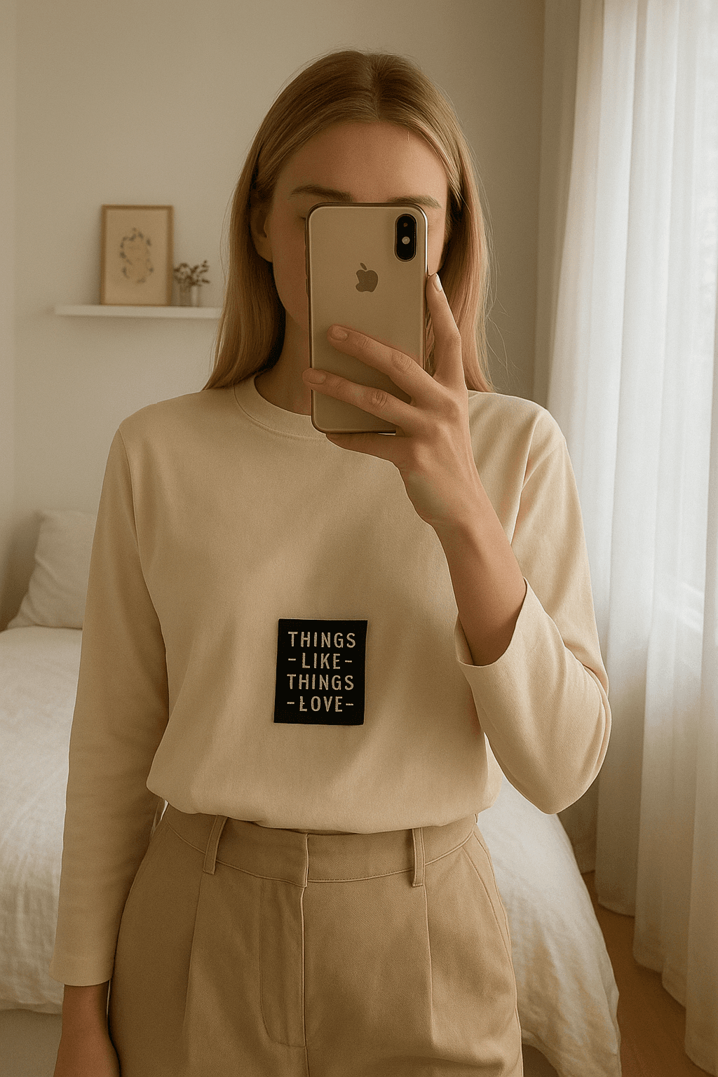 Beige blazer standing straight facing the camera, in a softly lit bedroom setting, with gentle natural light filtering through a window.