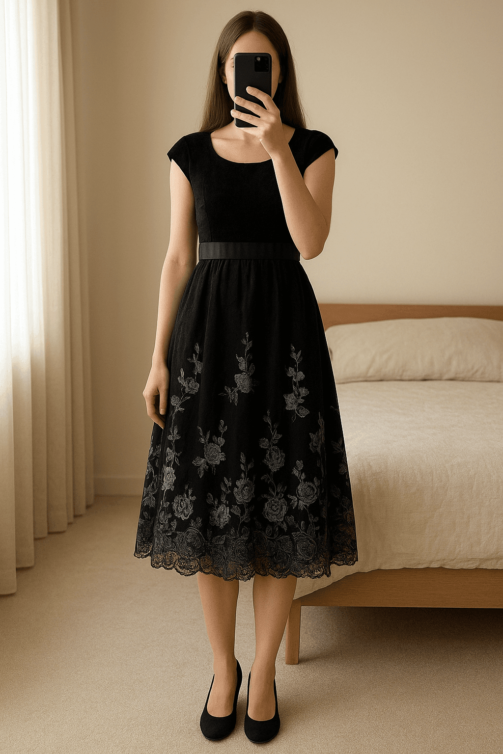 Little black dress corto Vestito elegante Nuna Lie in velluto nero con ricami floreali in piedi, rivolto verso la fotocamera, in una camera da letto con luce soffusa e luce naturale che filtra dalla finestra.