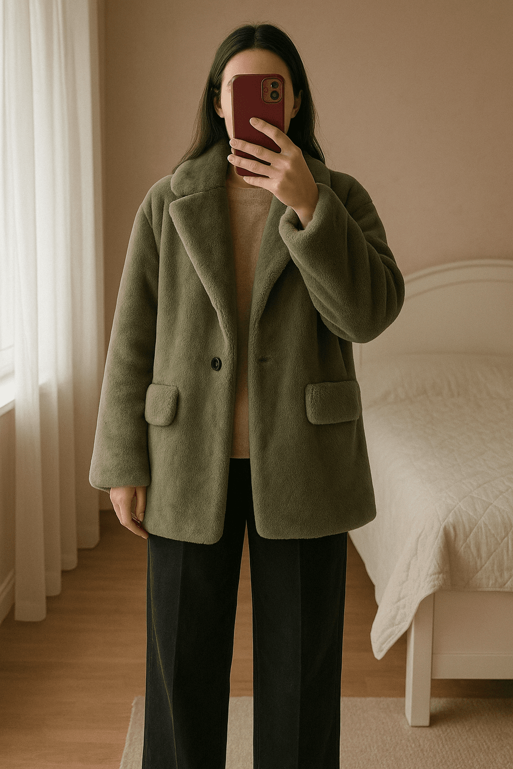 Pelliccia Pull&Bear taupe in piedi, rivolto verso la fotocamera, in una camera da letto con luce soffusa e luce naturale che filtra dalla finestra.