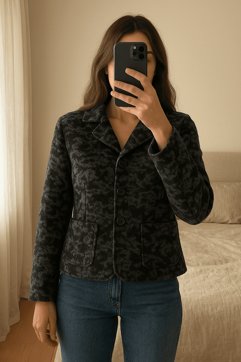 Blazer corto Eleonora Amadei in lana manica lunga 44 in piedi, rivolto verso la fotocamera, in una camera da letto con luce soffusa e luce naturale che filtra dalla finestra.