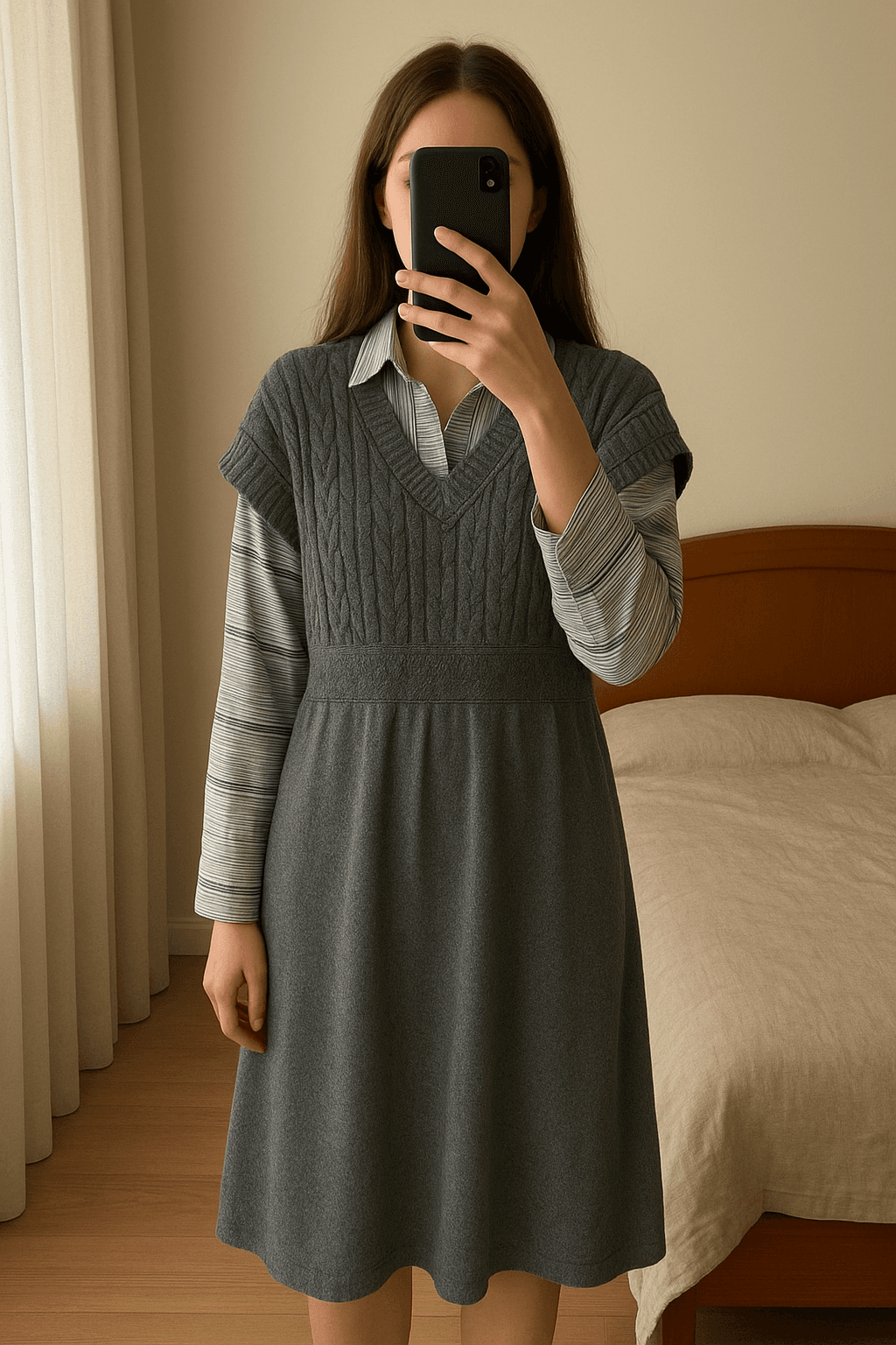 Abito in maglia di cotone con camicia abbinata in piedi, rivolto verso la fotocamera, in una camera da letto con luce soffusa e luce naturale che filtra dalla finestra.