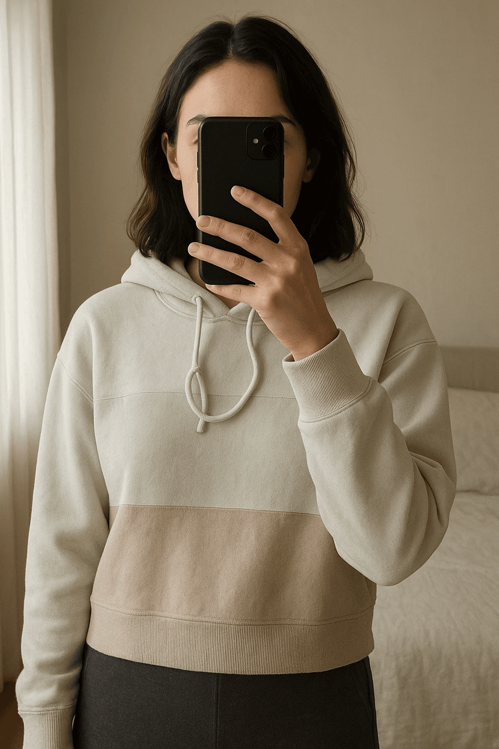 Hollister Cropped Hoodie – Patchwork aufrecht stehend, der Kamera zugewandt, in einem sanft beleuchteten Schlafzimmer, mit natürlichem Licht, das durch ein Fenster fällt.