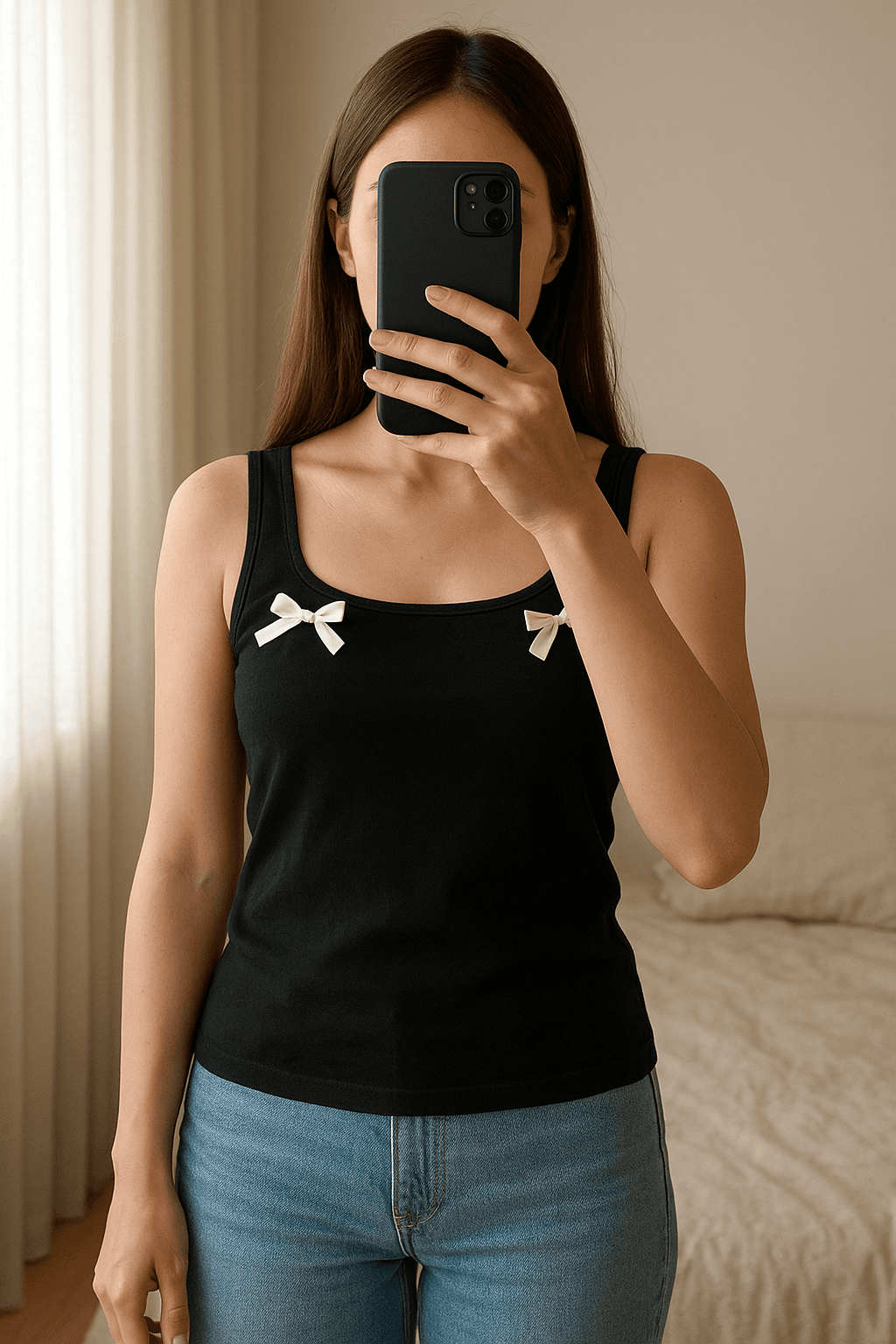 Top coquette noeuds debout, face à la caméra, dans une chambre à la lumière douce, avec une lumière naturelle filtrant par la fenêtre.