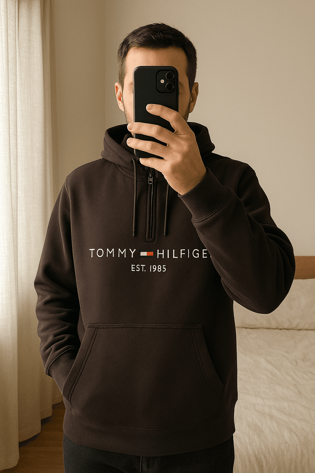 Felpa da uomo Tommy Hilfiger taglia XL in piedi, rivolto verso la fotocamera, in una camera da letto con luce soffusa e luce naturale che filtra dalla finestra.