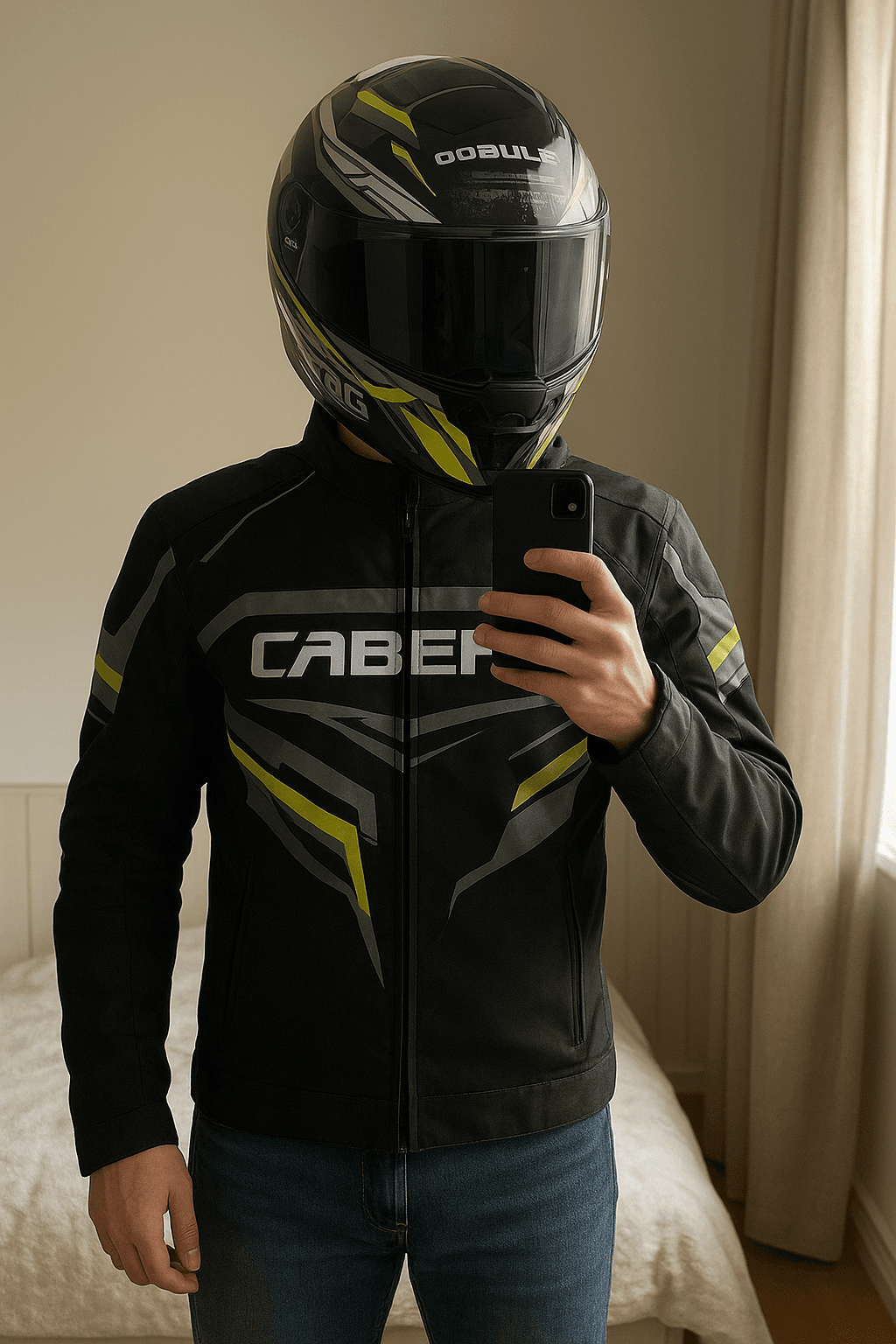 Casco Caberg Avalon X Brama – NUOVO, mai usato (doppia visiera, EICMA 2025) prezzo trattabile in piedi, rivolto verso la fotocamera, in una camera da letto con luce soffusa e luce naturale che filtra dalla finestra.