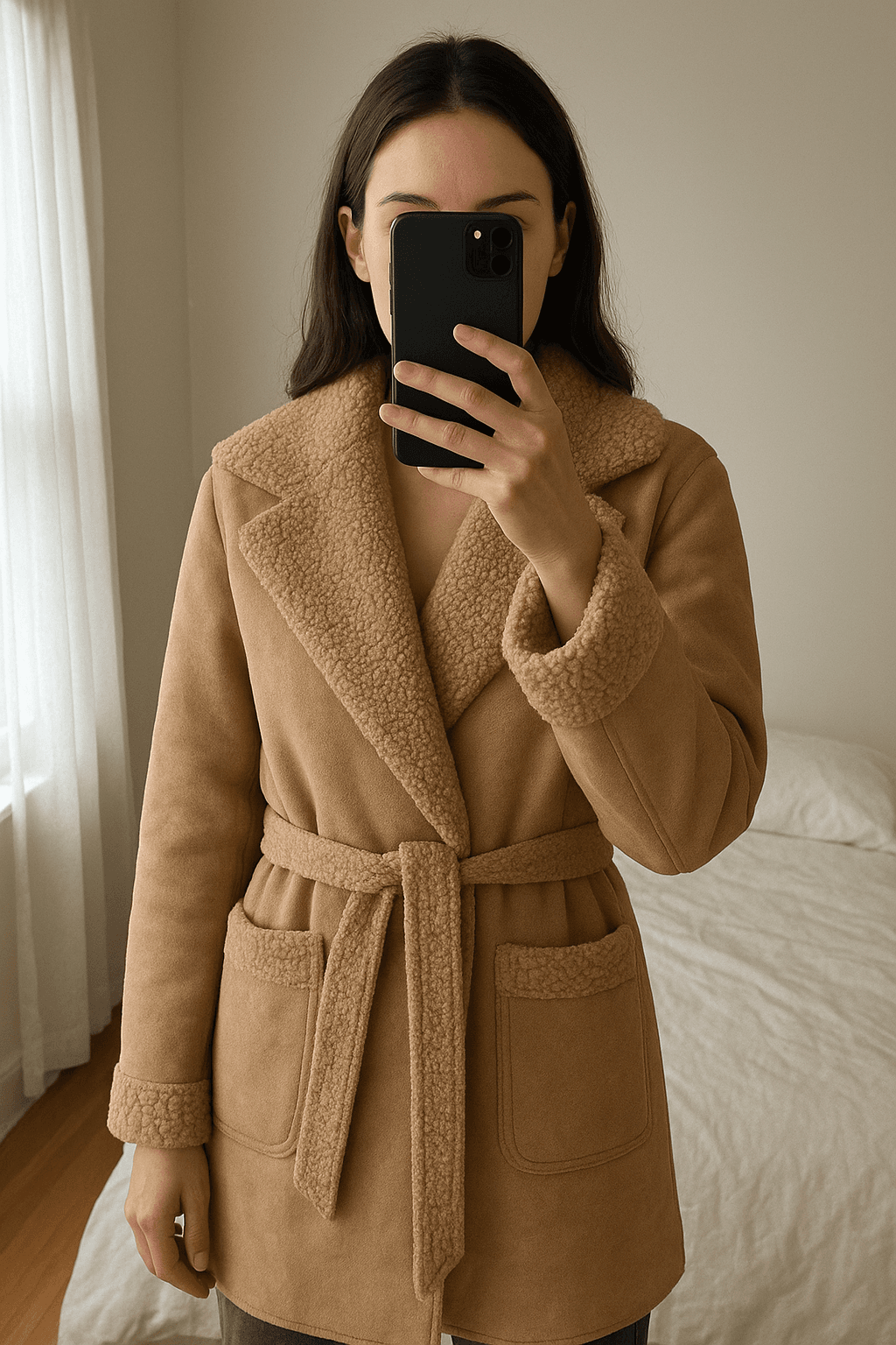 Teddymantel/ Mantel mit Teddyfell Gr.S/M 🐻 aufrecht stehend, der Kamera zugewandt, in einem sanft beleuchteten Schlafzimmer, mit natürlichem Licht, das durch ein Fenster fällt.