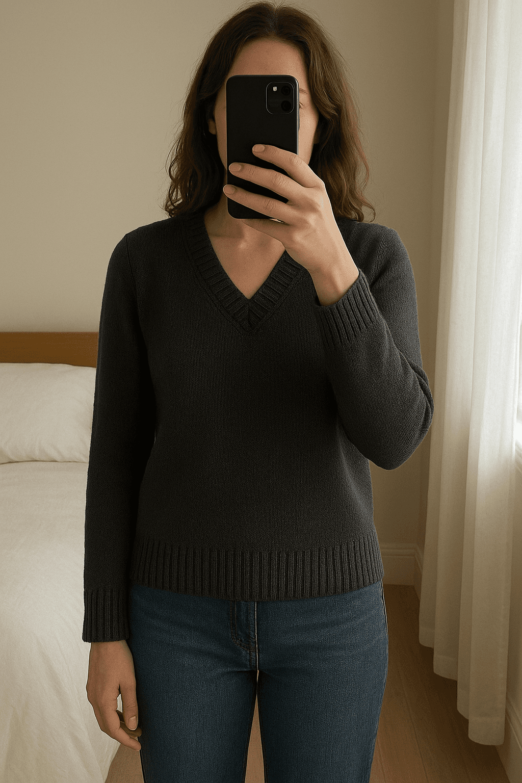 Bruine trui - Hampton bays - maat L - goed debout, face à la caméra, dans une chambre à la lumière douce, avec une lumière naturelle filtrant par la fenêtre.