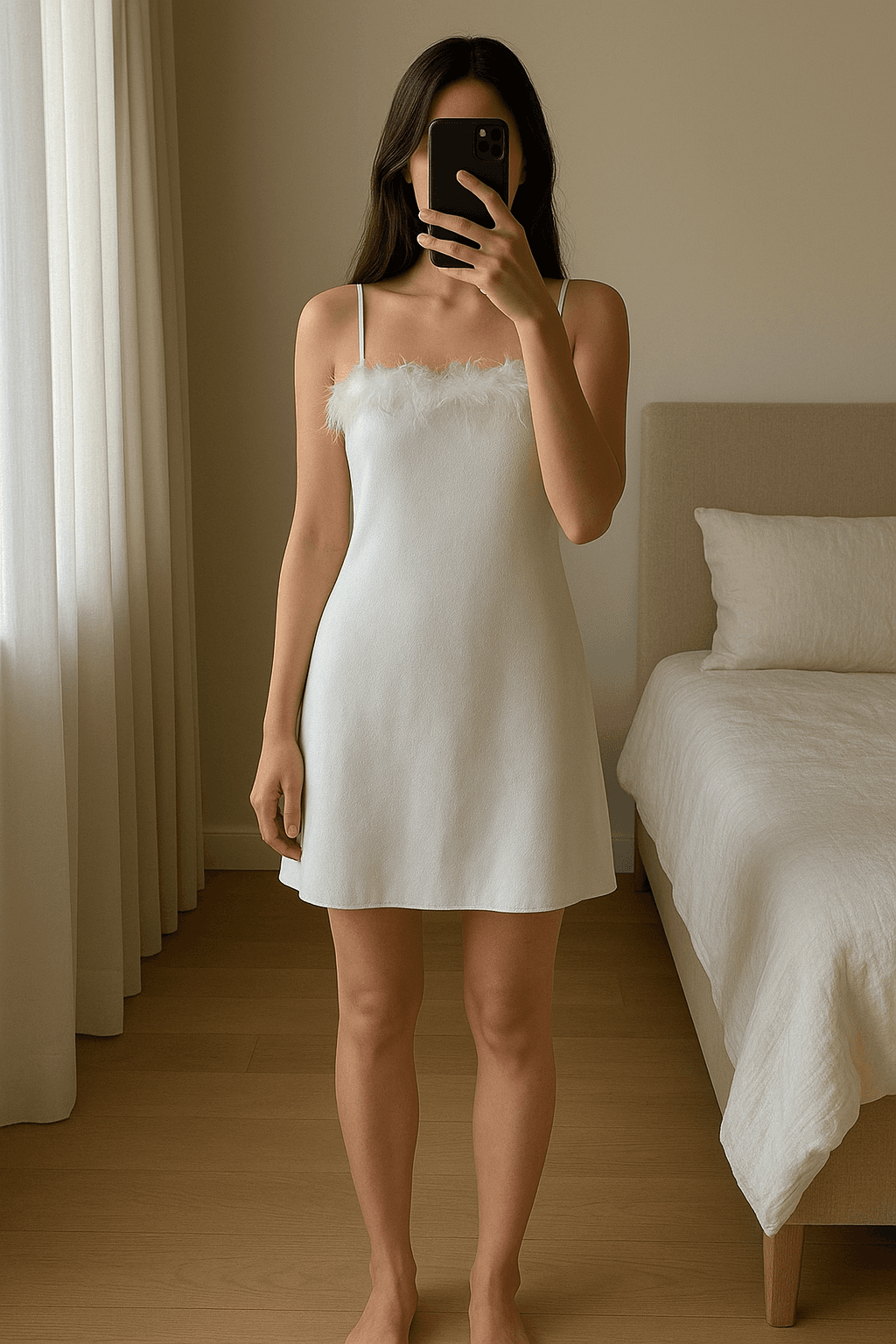 Abito bianco corto con piume e bretelle in piedi, rivolto verso la fotocamera, in una camera da letto con luce soffusa e luce naturale che filtra dalla finestra.