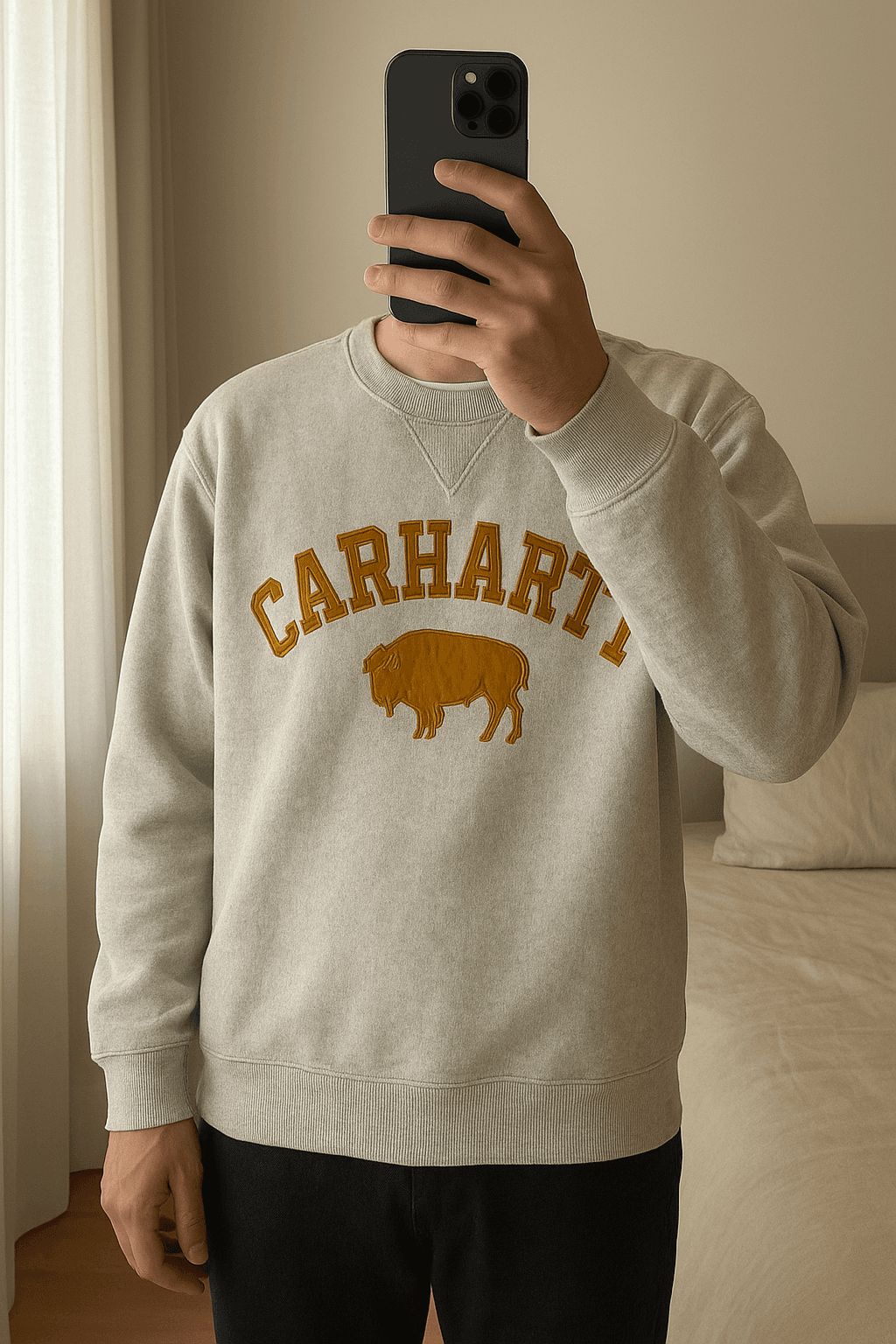 Carhartt Pullover aufrecht stehend, der Kamera zugewandt, in einem sanft beleuchteten Schlafzimmer, mit natürlichem Licht, das durch ein Fenster fällt.