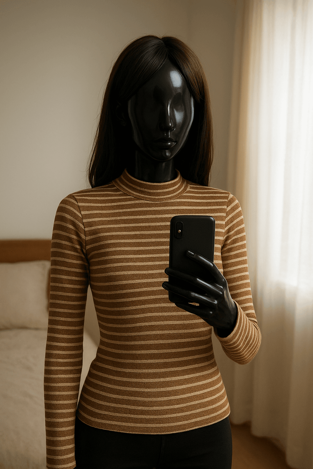 un manichino nero lucido in plastica, senza tratti del viso in Maglia Etam a righe con filo lurex – Taglia XS – Nuova con cartellino in piedi, rivolto verso la fotocamera, con corporatura snella, in una camera da letto con luce soffusa e luce naturale che filtra dalla finestra.