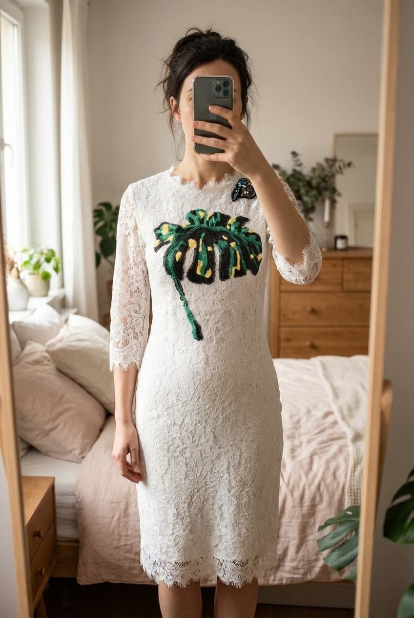 Sublime robe debout, face à la caméra, dans une chambre à la lumière douce, avec une lumière naturelle filtrant par la fenêtre.