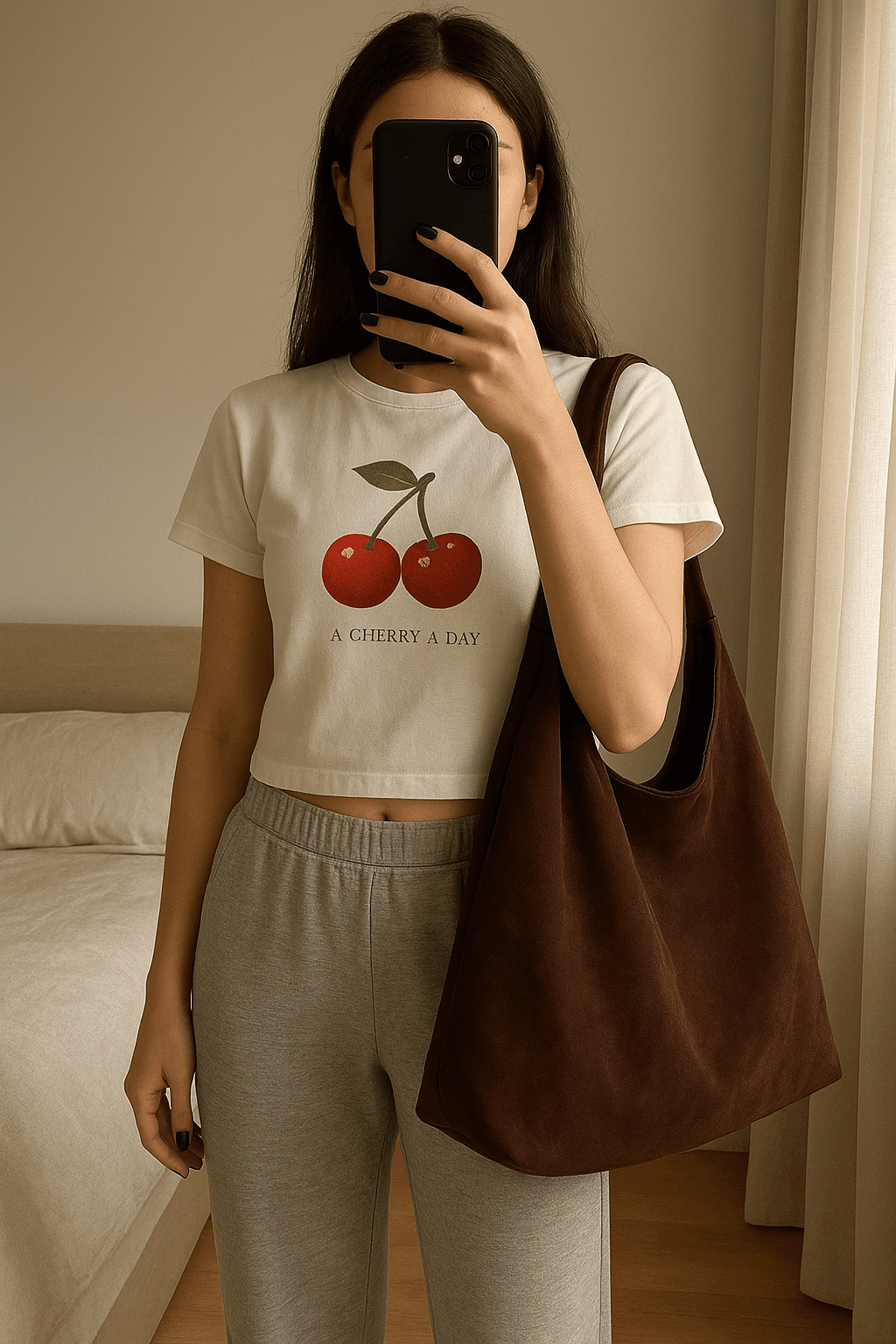 Brown suede hobo bag-Marrone faux suede shoulder bag-Uni bag aufrecht stehend, der Kamera zugewandt, in einem sanft beleuchteten Schlafzimmer, mit natürlichem Licht, das durch ein Fenster fällt.