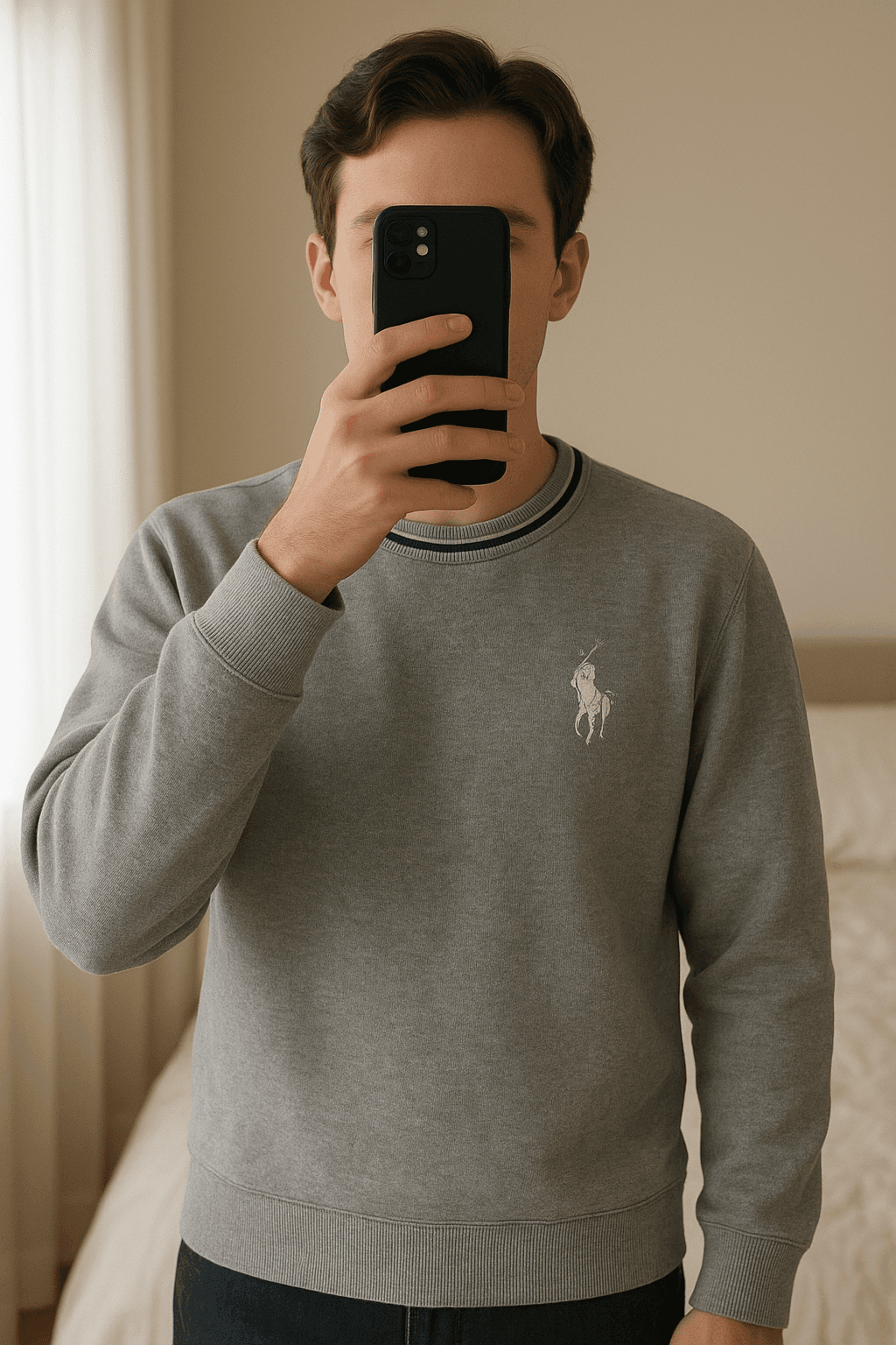 🔥 Maglioncino U.S. Polo ASSN. grigio – stile sportivo ed elegante 🐎 in piedi, rivolto verso la fotocamera, in una camera da letto con luce soffusa e luce naturale che filtra dalla finestra.