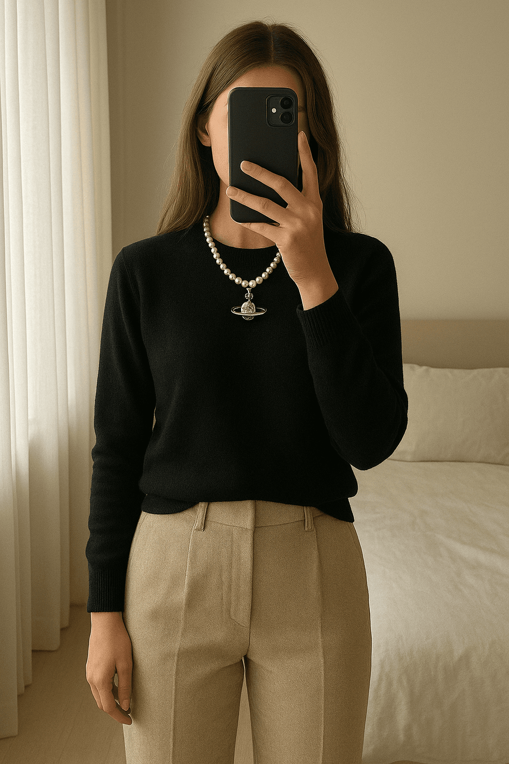 Collier Vivienne Westwood Perles Saturnes Style Y2k Femmes debout, face à la caméra, dans une chambre à la lumière douce, avec une lumière naturelle filtrant par la fenêtre.