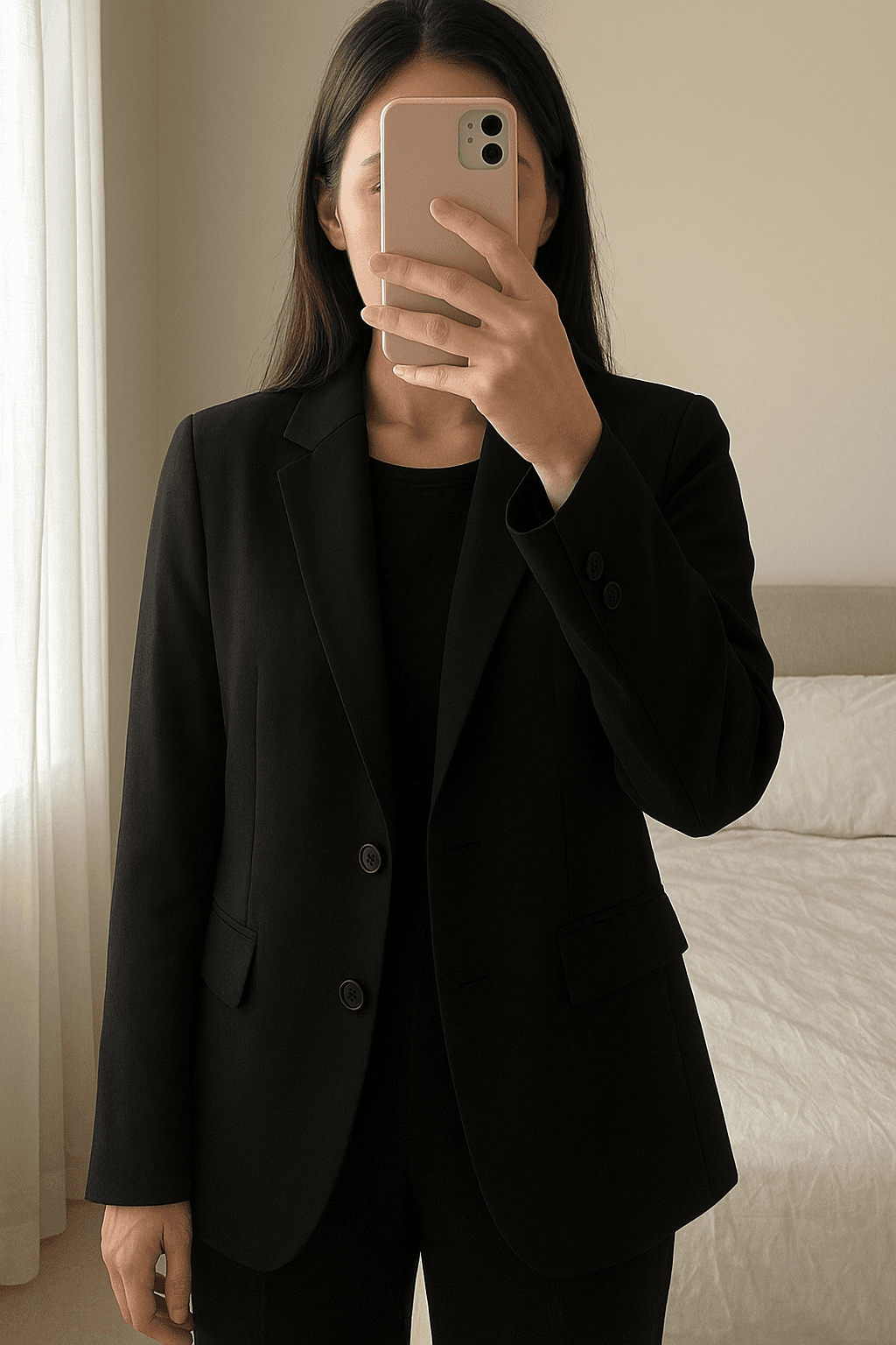 Uniqlo Black Blazer - UK Size 10 standing straight facing the camera, in a softly lit bedroom setting, with gentle natural light filtering through a window.