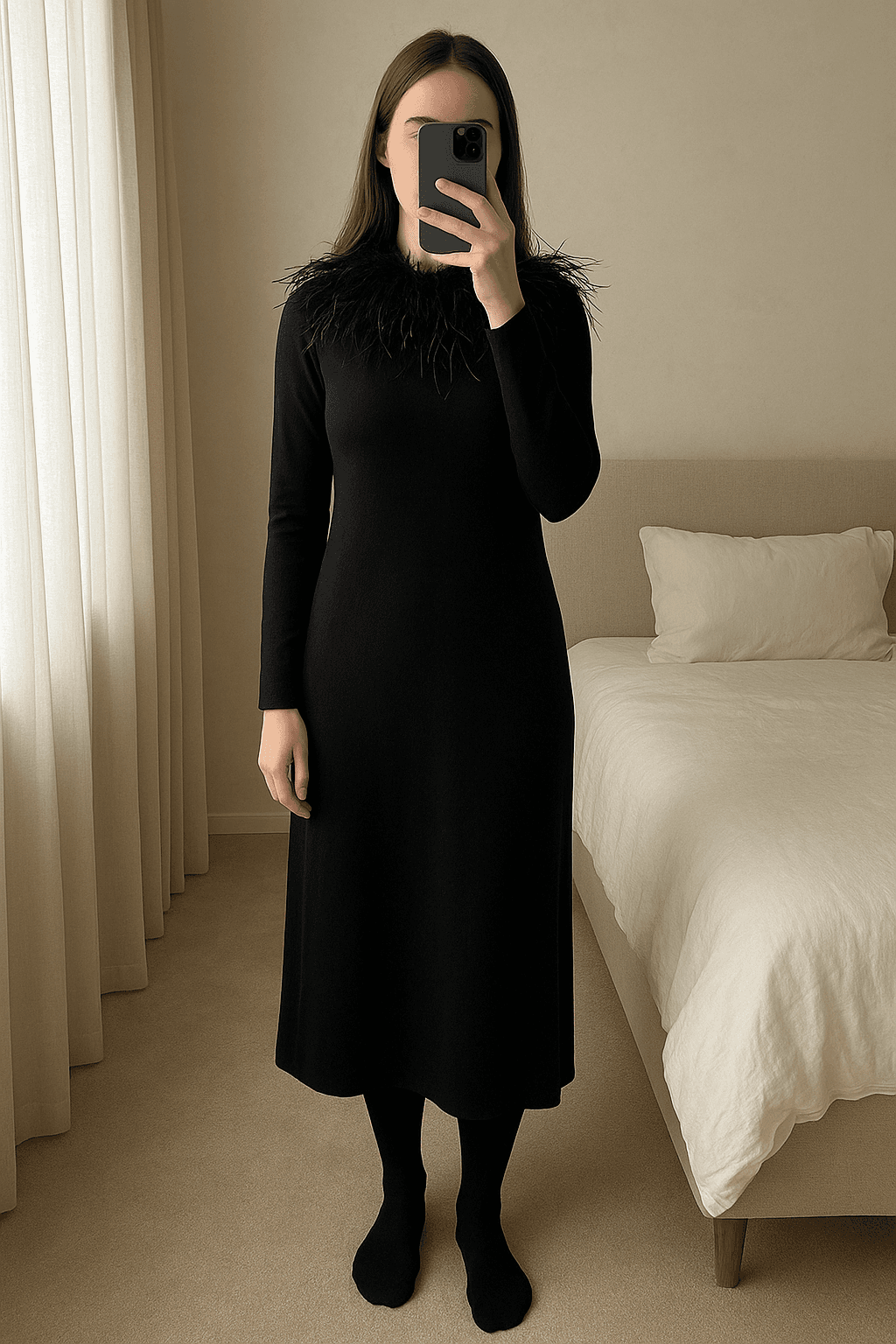 Ralph Lauren Schwarzes Kleid mit Federn aus 58% Merinowolle (M) aufrecht stehend, der Kamera zugewandt, in einem sanft beleuchteten Schlafzimmer, mit natürlichem Licht, das durch ein Fenster fällt.