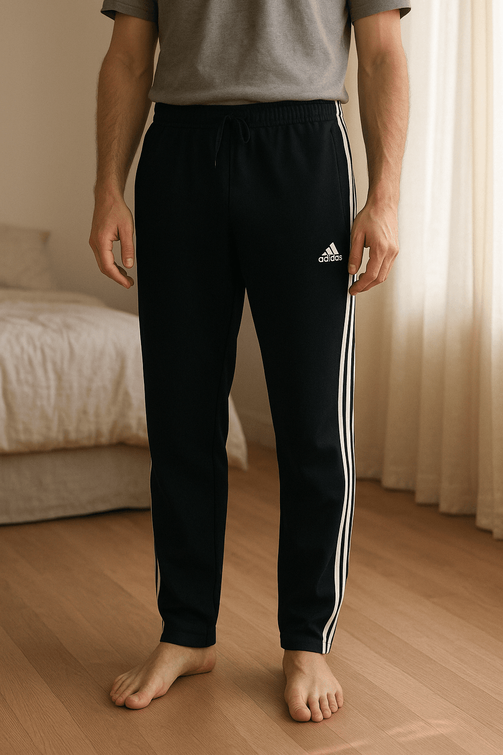 Survetement Adidas homme taille s sport debout, face à la caméra, dans une chambre à la lumière douce, avec une lumière naturelle filtrant par la fenêtre.