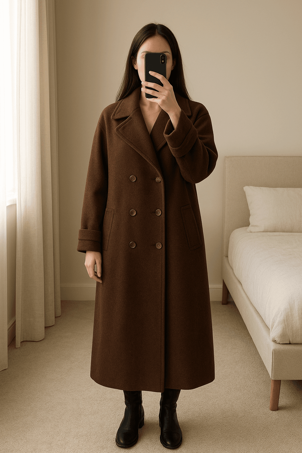 Langer Brauner Mantel aufrecht stehend, der Kamera zugewandt, in einem sanft beleuchteten Schlafzimmer, mit natürlichem Licht, das durch ein Fenster fällt.