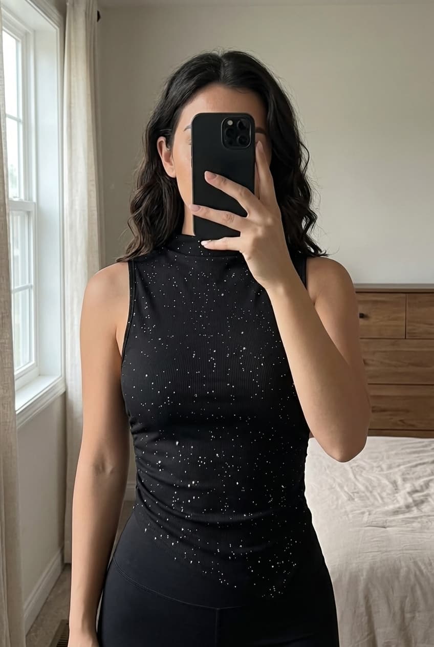 Top a paillette debout, face à la caméra, dans une chambre à la lumière douce, avec une lumière naturelle filtrant par la fenêtre.