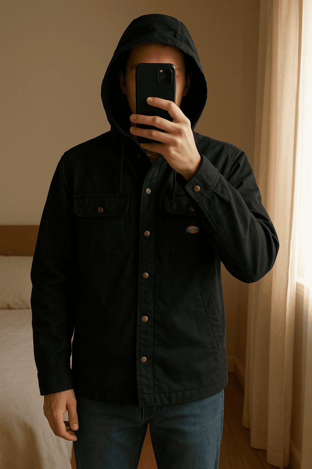 Dickies Workwear Giubbotto Nero con Cappuccio XL anni 90 Vintage in piedi, rivolto verso la fotocamera, in una camera da letto con luce soffusa e luce naturale che filtra dalla finestra.
