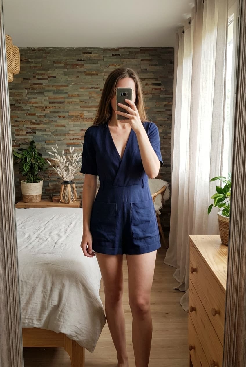 Petite combi short effet daim debout, face à la caméra, dans une chambre à la lumière douce, avec une lumière naturelle filtrant par la fenêtre.