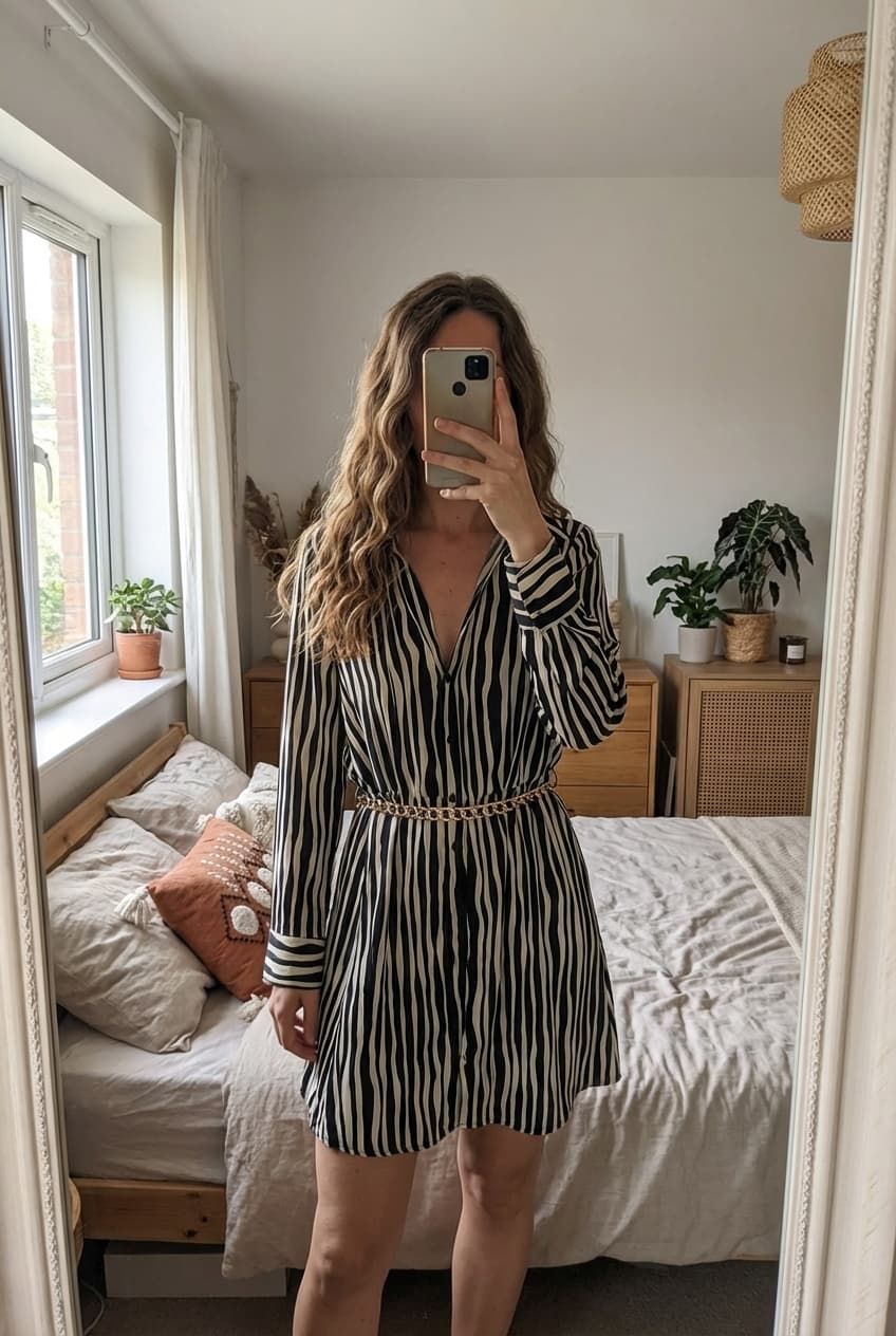 Robe Zara debout, face à la caméra, dans une chambre à la lumière douce, avec une lumière naturelle filtrant par la fenêtre.