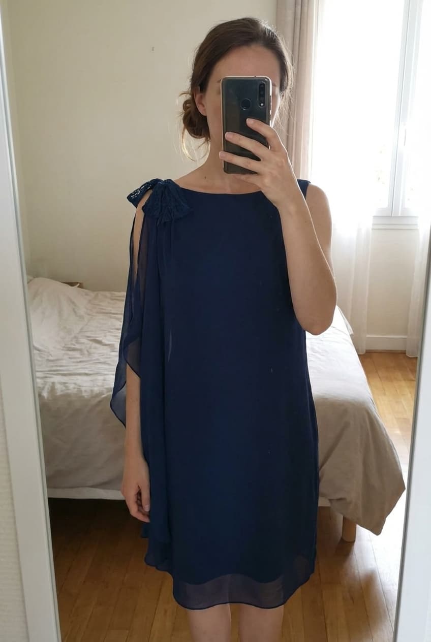 Sublime robe 36 debout, face à la caméra, dans une chambre à la lumière douce, avec une lumière naturelle filtrant par la fenêtre.