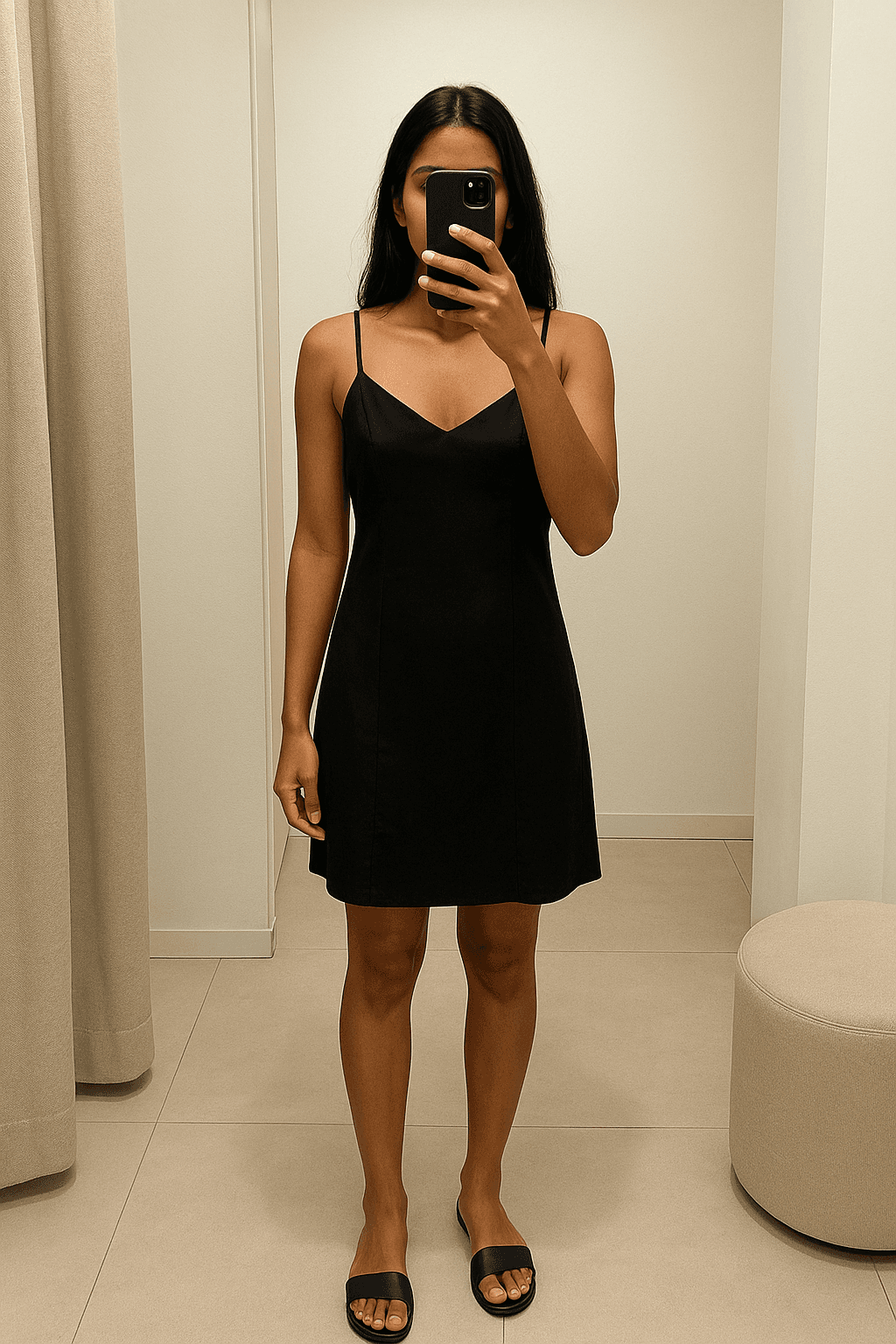 Una persona in vestito nero Stradivarius, taglia XS (IT 38 / EU 34) in piedi, rivolto verso la fotocamera, in un camerino in stile boutique con specchio e decorazioni neutre.