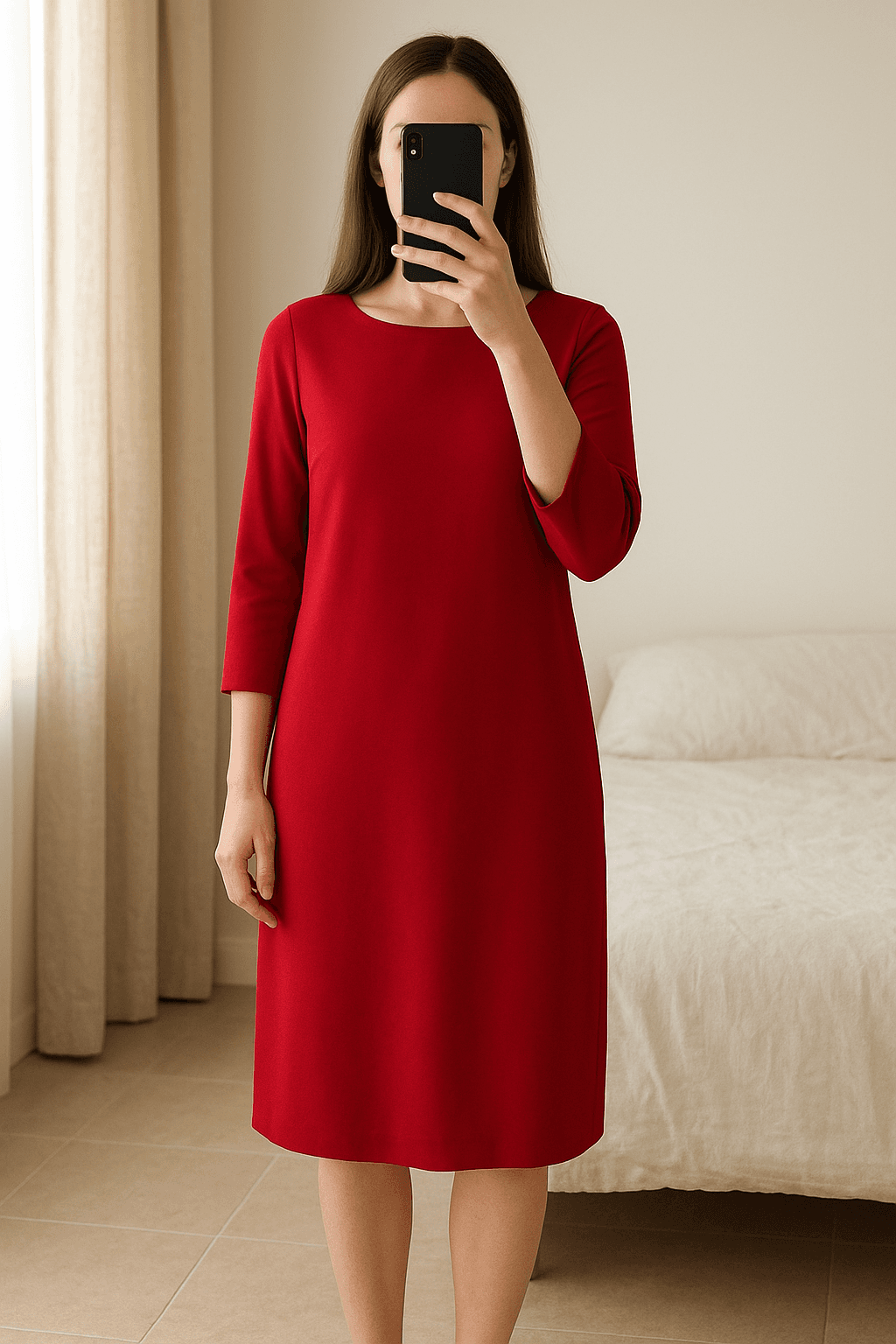 Vestito - Abito donna rosso VICOLO👗 in piedi, rivolto verso la fotocamera, in una camera da letto con luce soffusa e luce naturale che filtra dalla finestra.