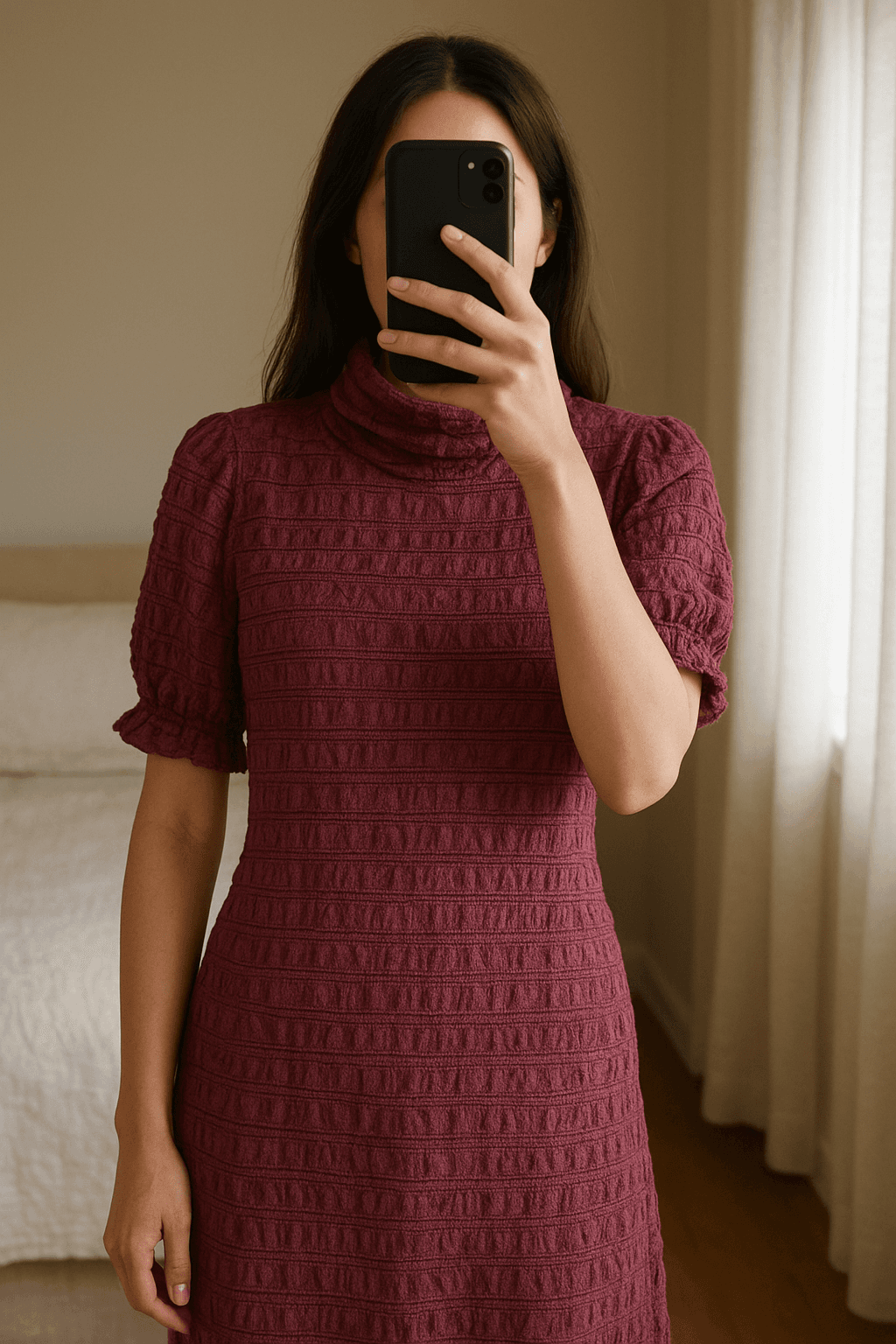 Maglia intimissimi in piedi, rivolto verso la fotocamera, in una camera da letto con luce soffusa e luce naturale che filtra dalla finestra.