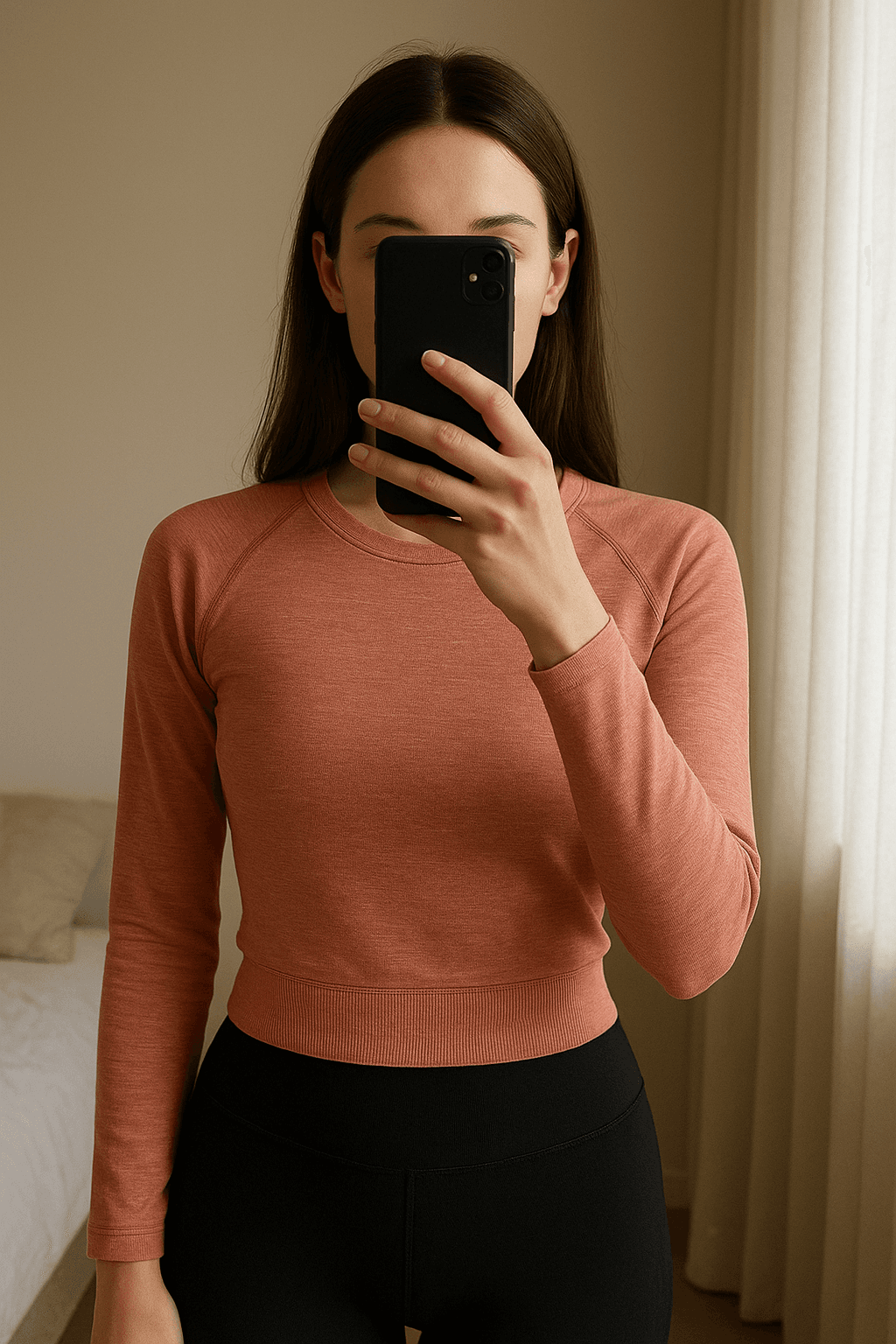 Gymshark Sportshirt aufrecht stehend, der Kamera zugewandt, in einem sanft beleuchteten Schlafzimmer, mit natürlichem Licht, das durch ein Fenster fällt.