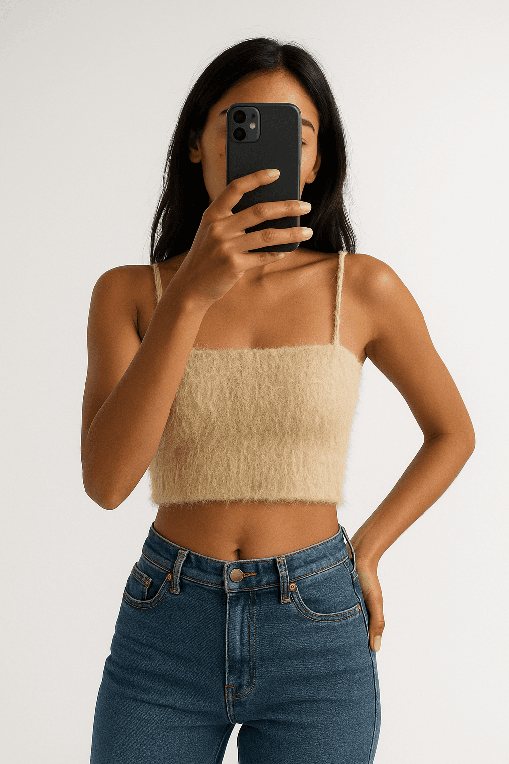 Una persona in Top rosa chiaro - Zara (Taglia S) inarcando leggermente la schiena per una posa dinamica, con corporatura snella, in uno studio fotografico pulito con sfondo bianco continuo e illuminazione softbox.