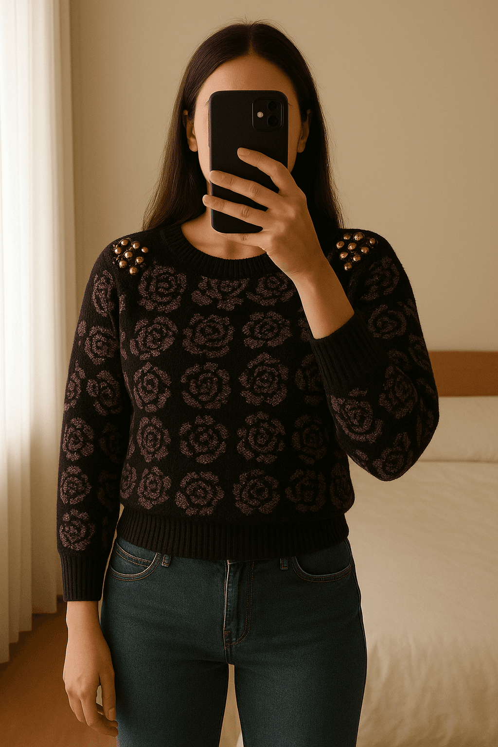 Maglione donna in lana Superkid - morbidissimo e caldo - vintage - ottimo - taglia 42 #superkid in piedi, rivolto verso la fotocamera, in una camera da letto con luce soffusa e luce naturale che filtra dalla finestra.