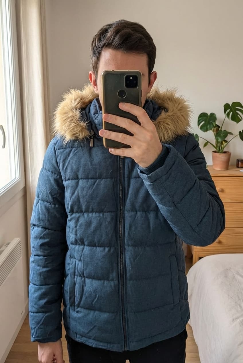 Doudoune sinéquanone neuve debout, face à la caméra, dans une chambre à la lumière douce, avec une lumière naturelle filtrant par la fenêtre.