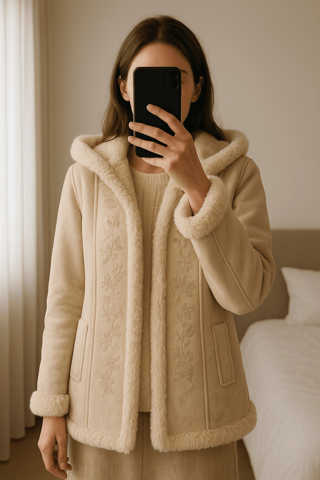 Vintage Afghan Mantel mit Fell/ Penny Lane Mantel wie Gr.M aufrecht stehend, der Kamera zugewandt, in einem sanft beleuchteten Schlafzimmer, mit natürlichem Licht, das durch ein Fenster fällt.