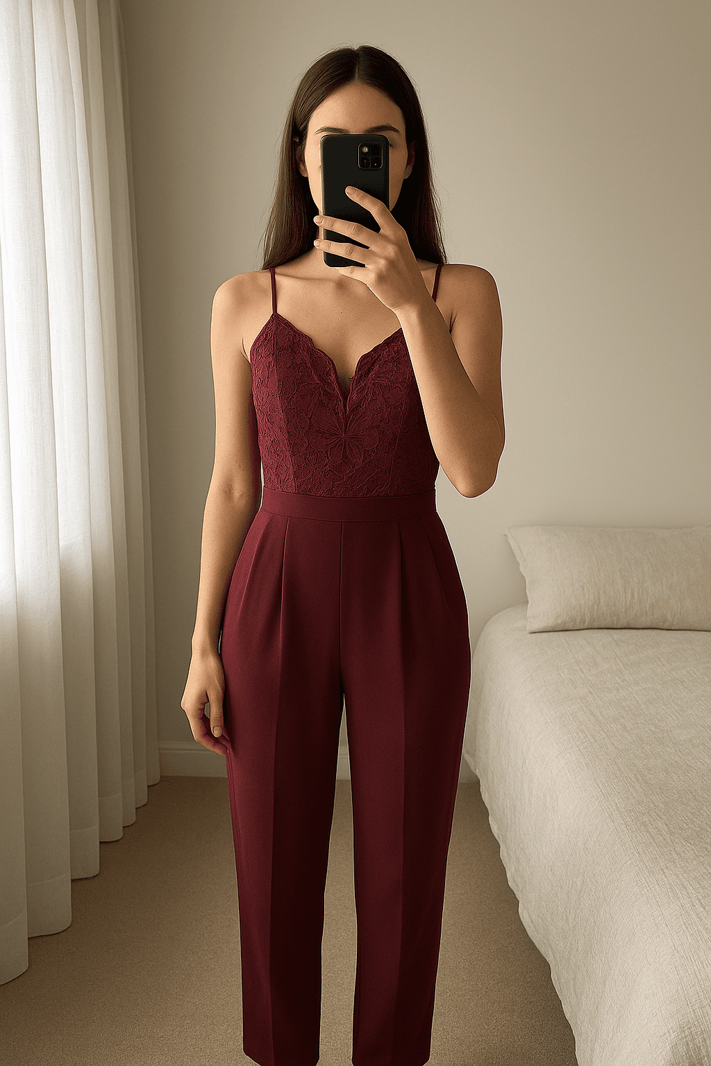 Overall gr S aufrecht stehend, der Kamera zugewandt, in einem sanft beleuchteten Schlafzimmer, mit natürlichem Licht, das durch ein Fenster fällt.