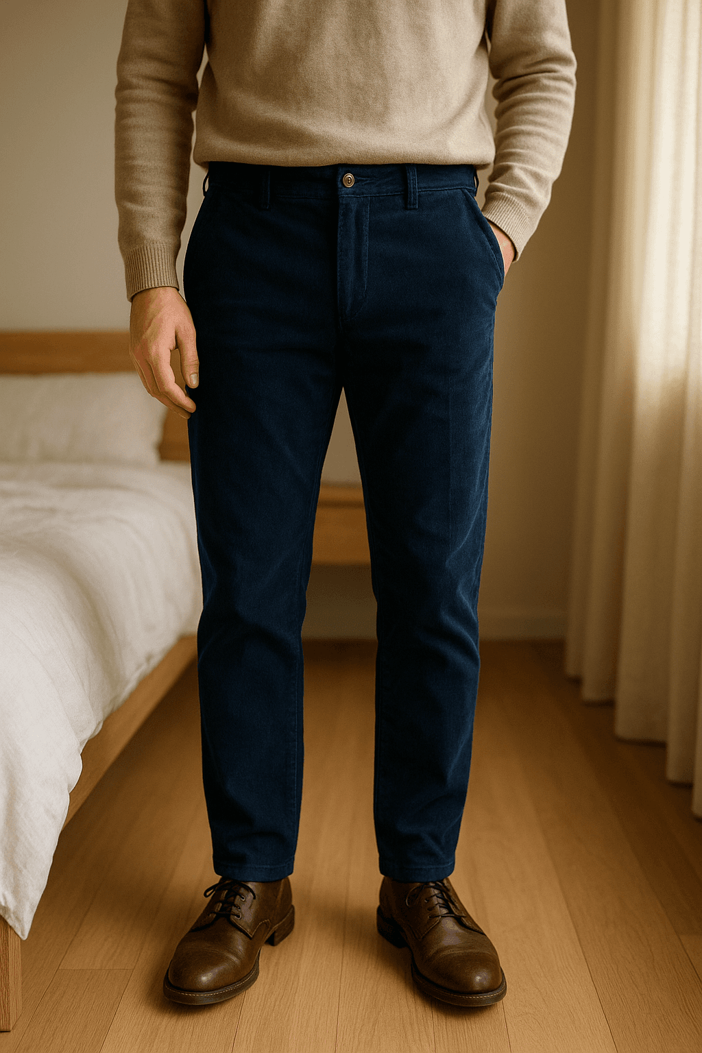Selected Homme Chino grau-blau Slhslim-Yard Größe 33/32 aufrecht stehend, der Kamera zugewandt, in einem sanft beleuchteten Schlafzimmer, mit natürlichem Licht, das durch ein Fenster fällt.