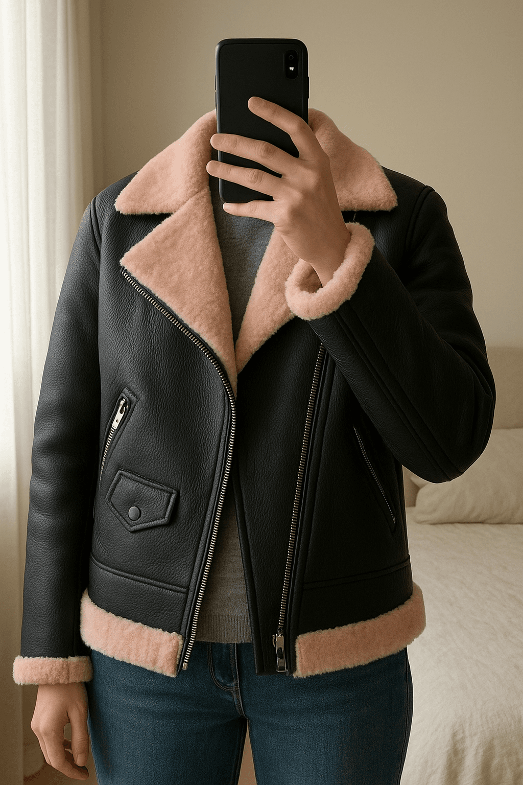 giacca Gaudi#giacca bicker in ecopeliccia #gaudi# in piedi, rivolto verso la fotocamera, in una camera da letto con luce soffusa e luce naturale che filtra dalla finestra.