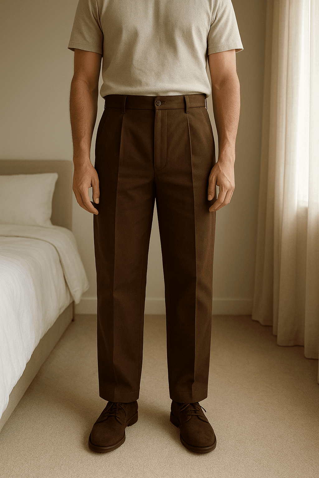 Pantaloni Eleganti Marroni Uomo – Taglia 46, Stile Classico e Raffinato in piedi, rivolto verso la fotocamera, in una camera da letto con luce soffusa e luce naturale che filtra dalla finestra.