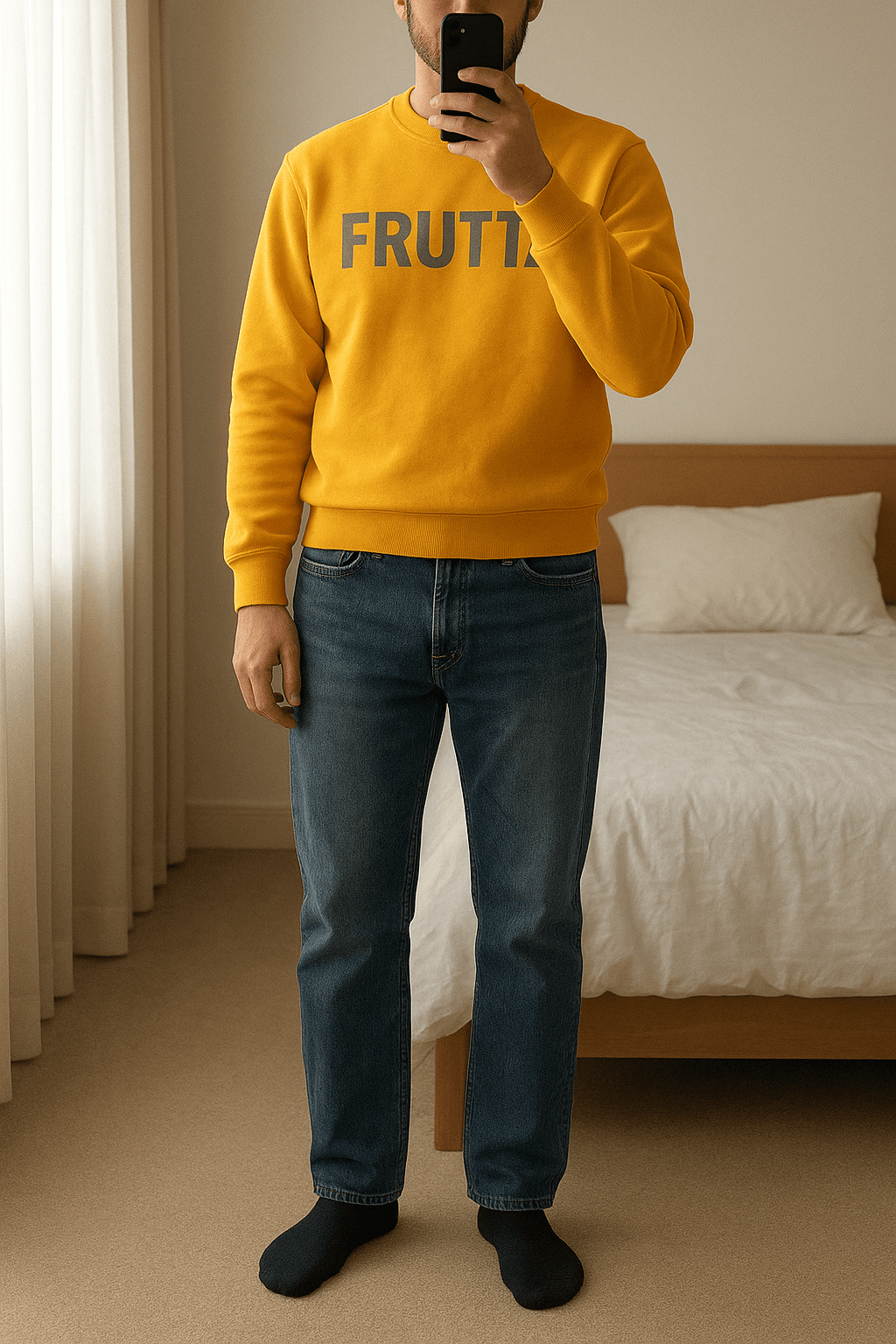 Set uomo casual,felpa frutta tg s+jeans denim baci e abbracci 44 look comodo e stiloso! in piedi, rivolto verso la fotocamera, in una camera da letto con luce soffusa e luce naturale che filtra dalla finestra.