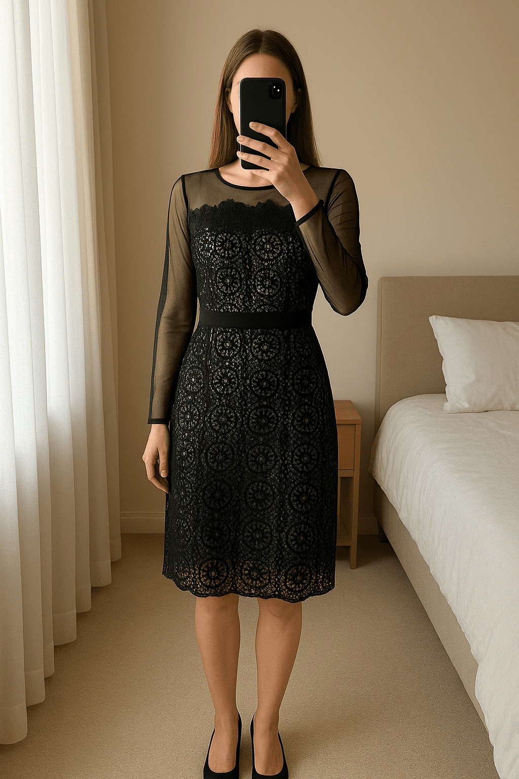 Dorothy Perkins Black Cream Lace Overlay Sheer Long Sleeves Occasion Party Dress - Size 12 standing straight facing the camera, in a softly lit bedroom setting, with gentle natural light filtering through a window.