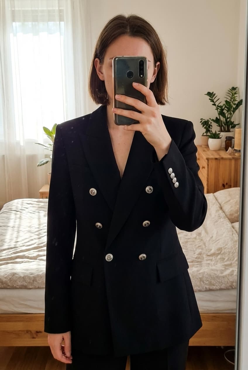 Blazer Zara debout, face à la caméra, dans une chambre à la lumière douce, avec une lumière naturelle filtrant par la fenêtre.