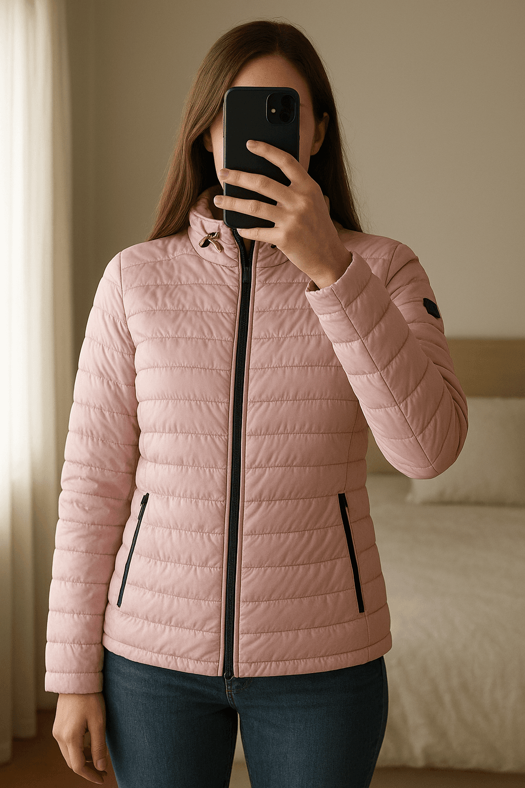 Tolle Steppjacke von Bogner Fire&Ice aufrecht stehend, der Kamera zugewandt, in einem sanft beleuchteten Schlafzimmer, mit natürlichem Licht, das durch ein Fenster fällt.